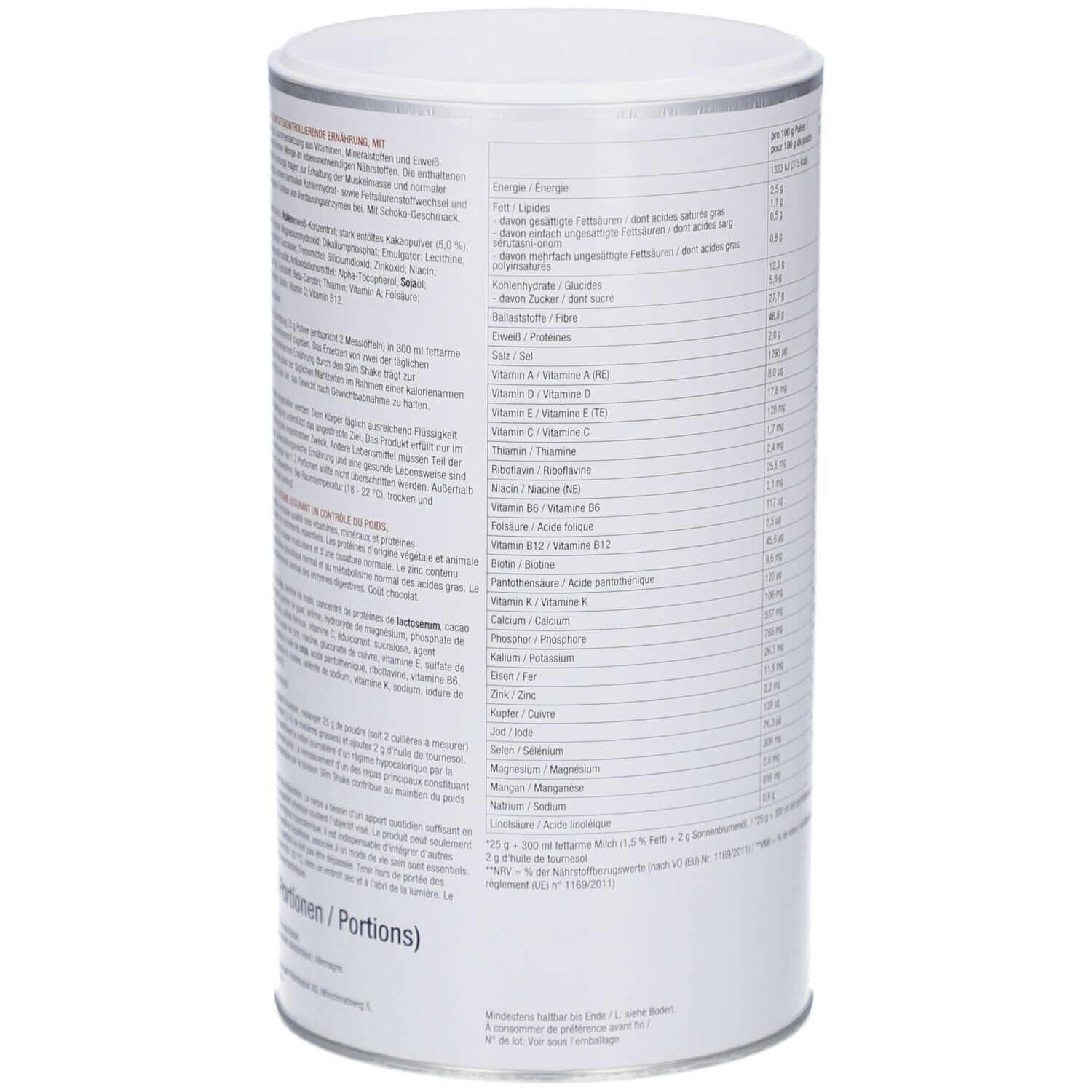 Dose mit Text. Auflistung von Inhaltsstoffen und Nährwertangaben. Text in Deutsch.
