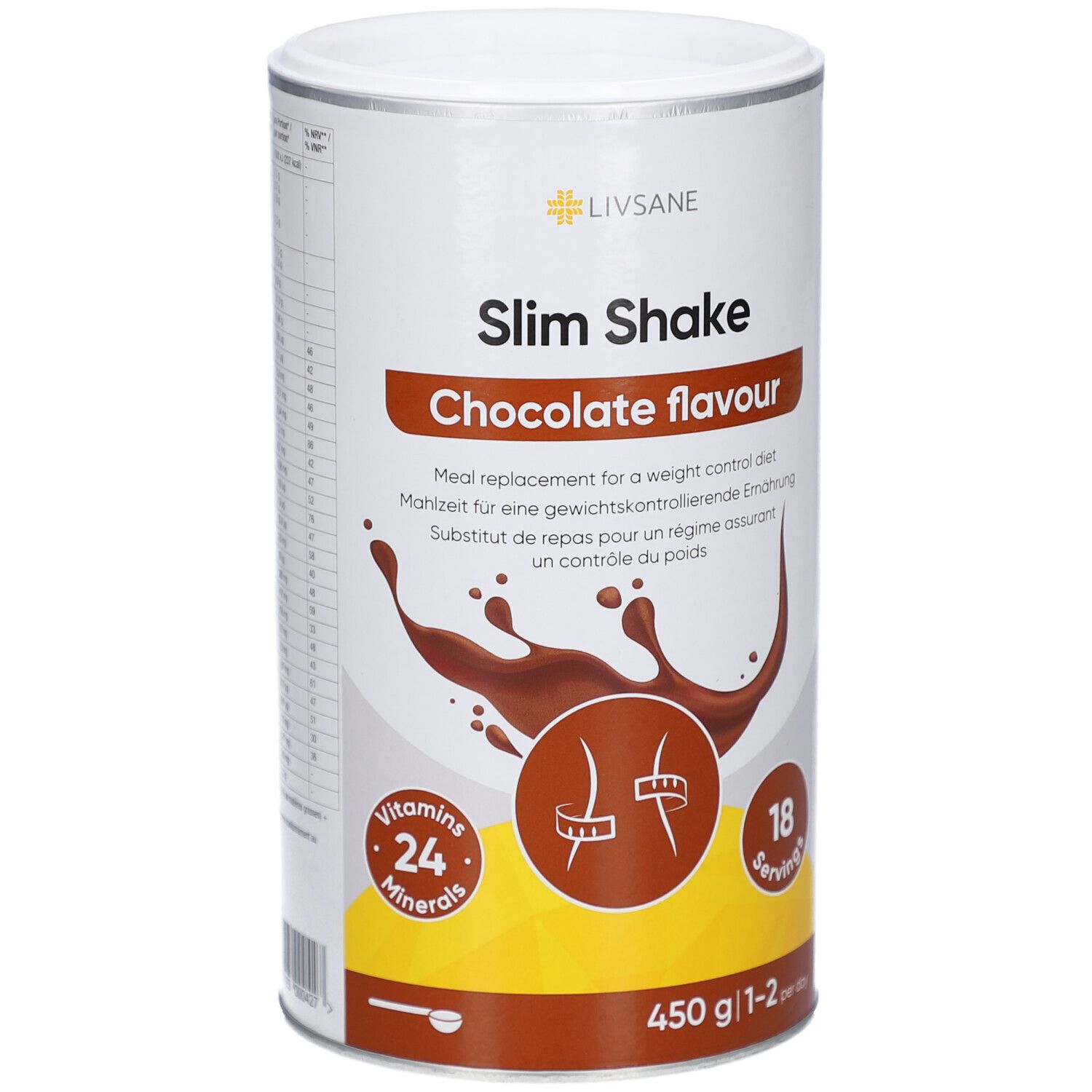 Weiß-silberne Dose mit LIVSANE Slim Shake Schoko Geschmack. Aufdruck: Slim Shake, Chocolate flavour, 24 Vitamine, 18 Portionen, 450 g.