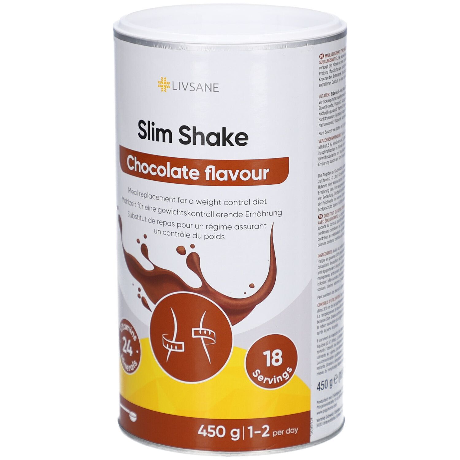Weiß-silberne Dose mit LIVSANE Slim Shake Schoko Geschmack. Aufdruck: Slim Shake, Chocolate flavour, 24 Vitamine, 18 Portionen, 450 g.