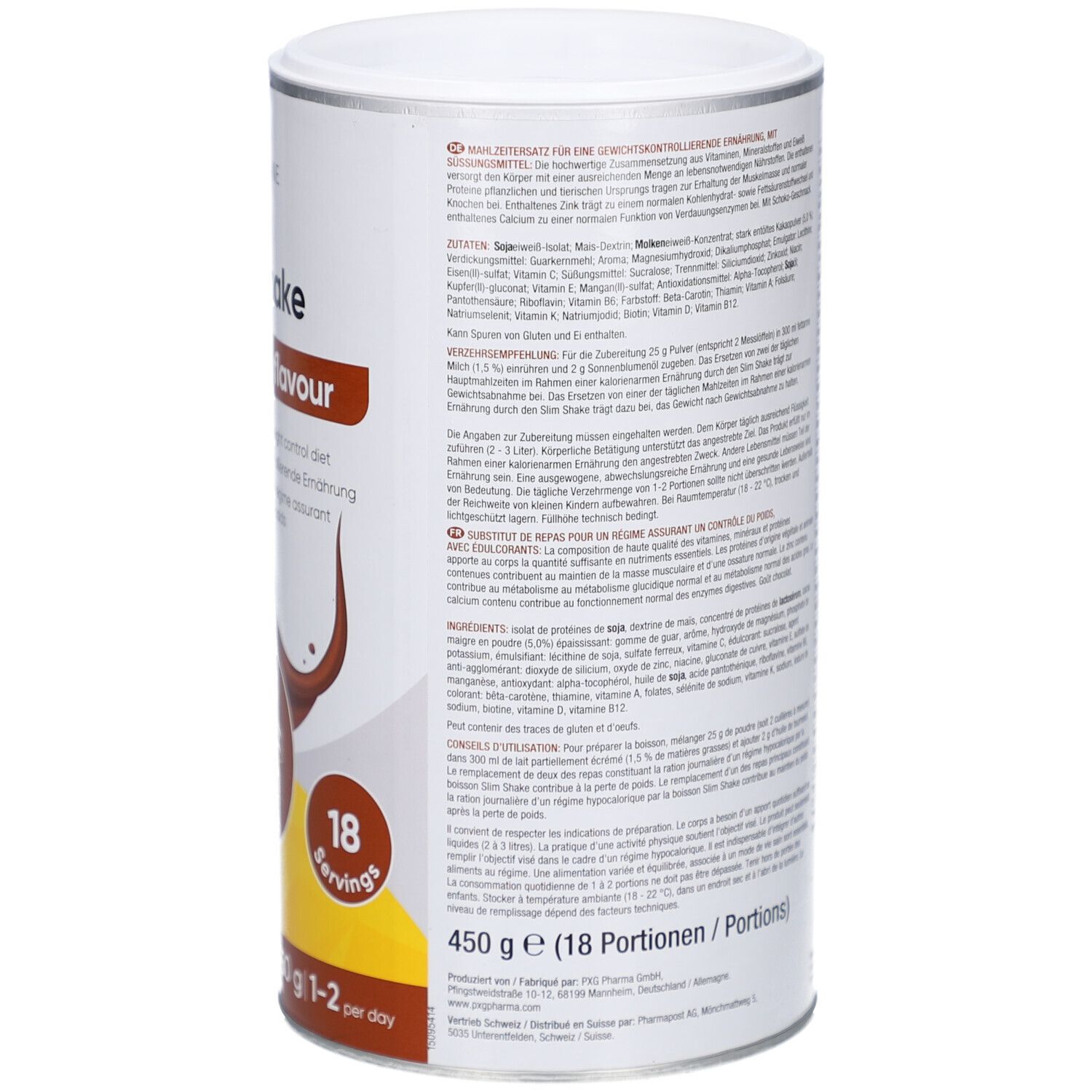 Dose mit Text. Auflistung von Inhaltsstoffen und Nährwertangaben. Text in Deutsch.