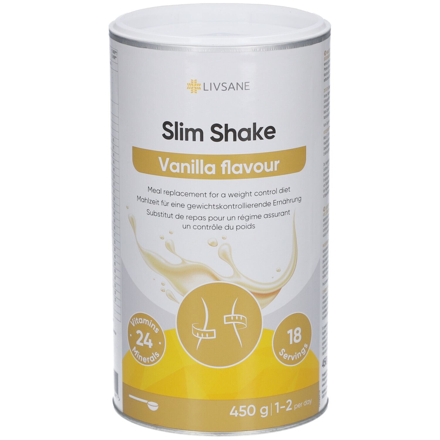 Dose LIVSANE Slim Shake Vanille. Aufschrift: 24 Vitamine, 18 Portionen, 450 g. Produktabbildung mit Vanille-Aroma.