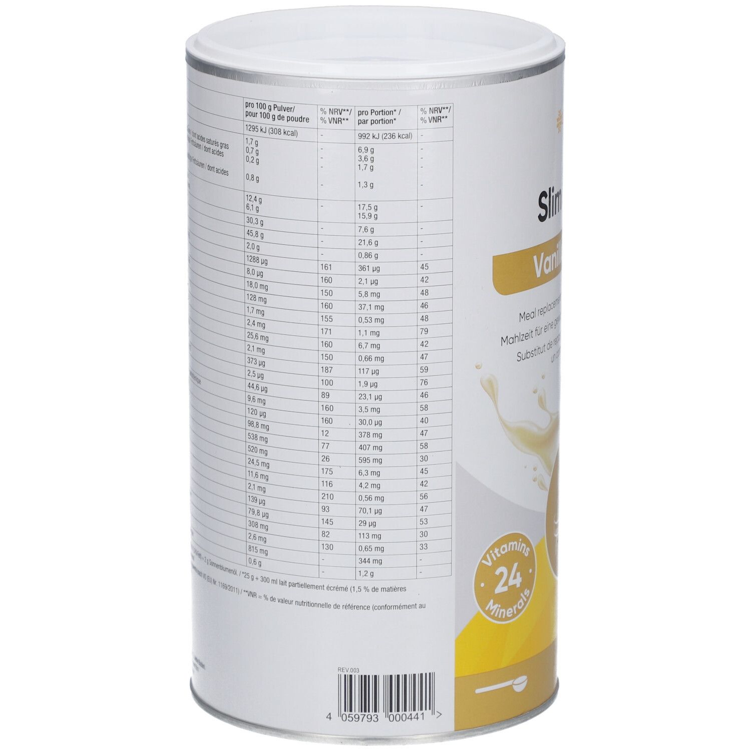 Dose LIVSANE Slim Shake Vanille. Nährwerttabelle auf der Seite. Enthält Informationen zu Nährwerten pro 100 g und pro Portion.