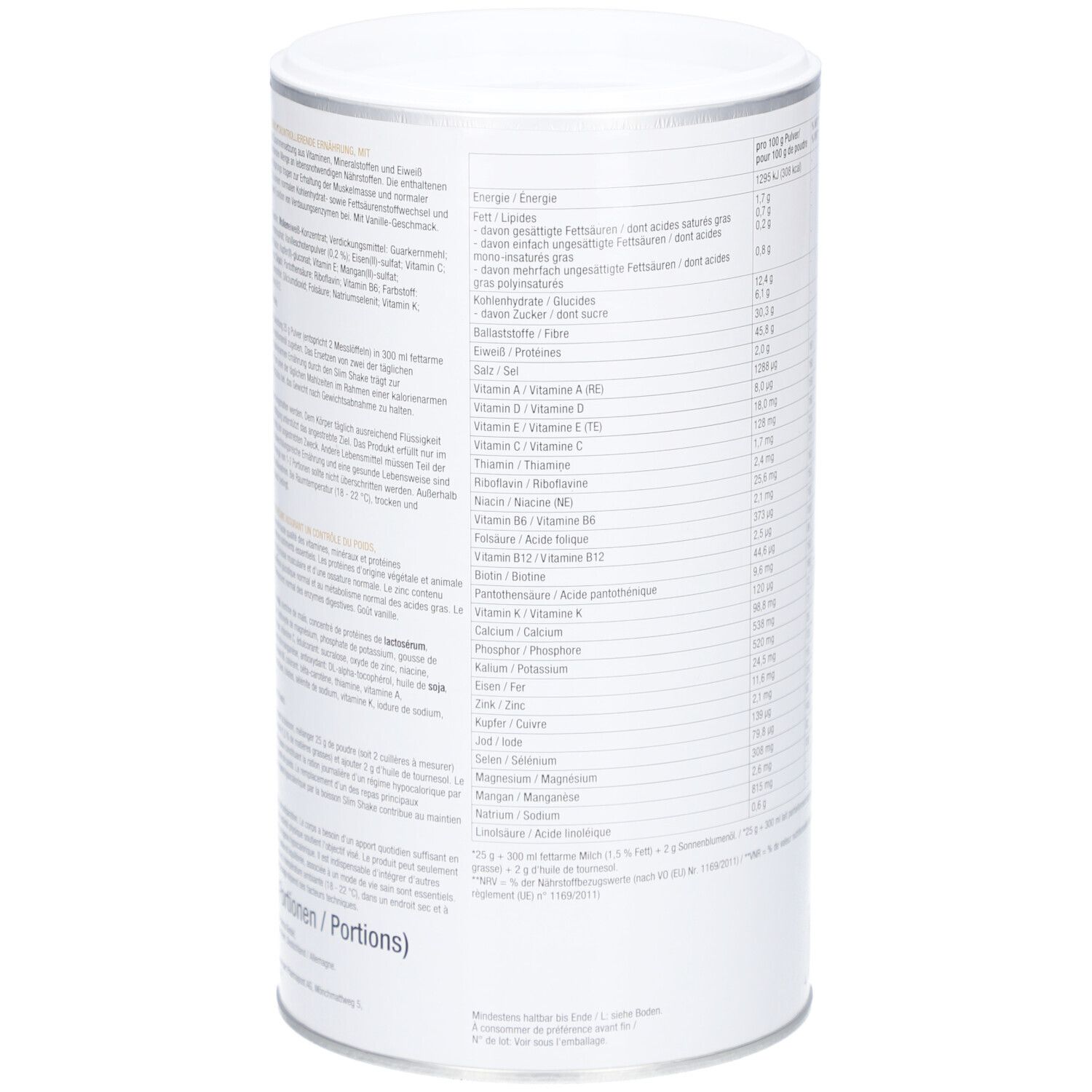 Dose LIVSANE Slim Shake Vanille. Rückseite mit Text. Enthält Informationen zu Inhaltsstoffen, Zubereitung und Nährwerten.