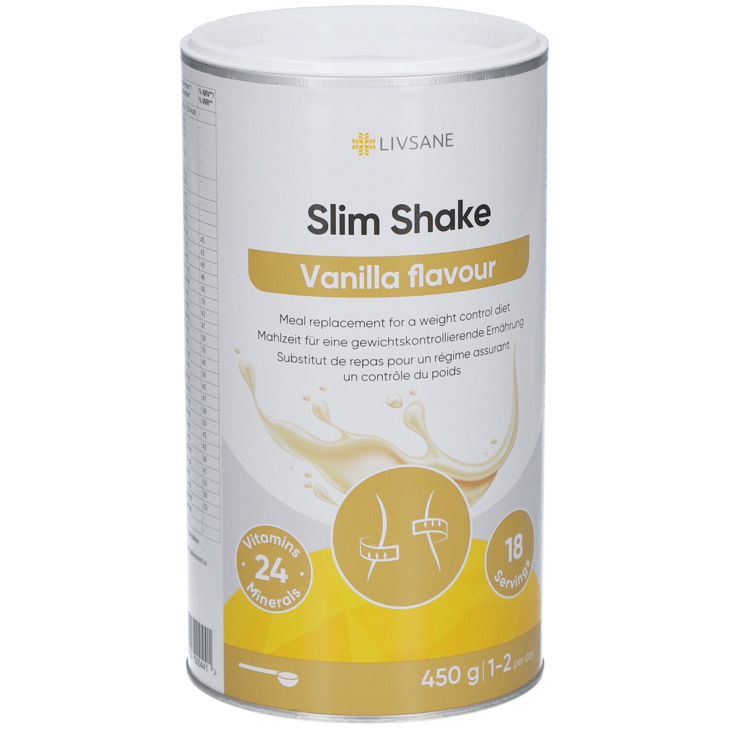 Dose LIVSANE Slim Shake Vanille. Aufschrift: 24 Vitamine, 18 Portionen, 450 g. Produktabbildung mit Vanille-Aroma.