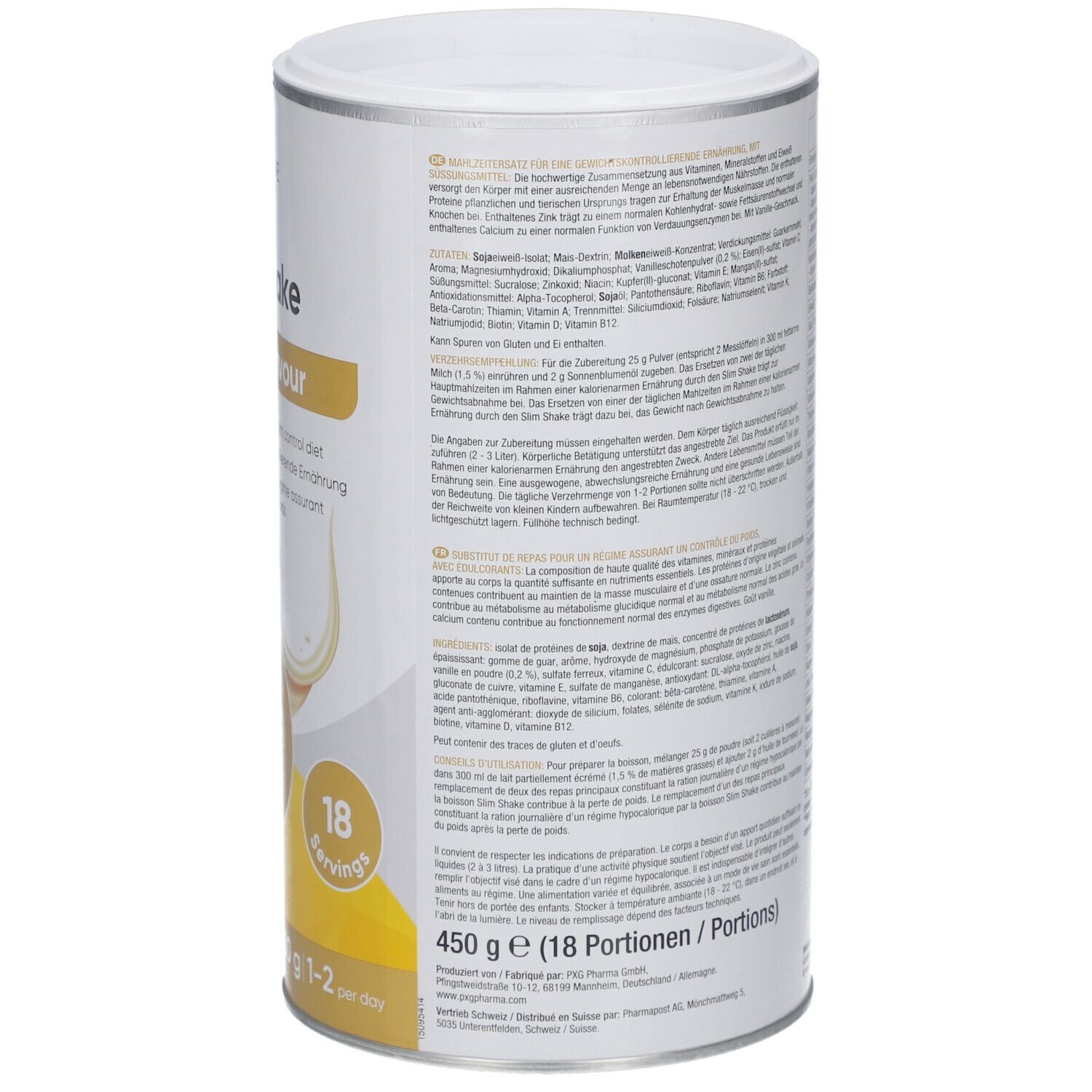 Dose LIVSANE Slim Shake Vanille. Rückseite mit Text. Enthält Informationen zu Inhaltsstoffen, Zubereitung und Nährwerten.