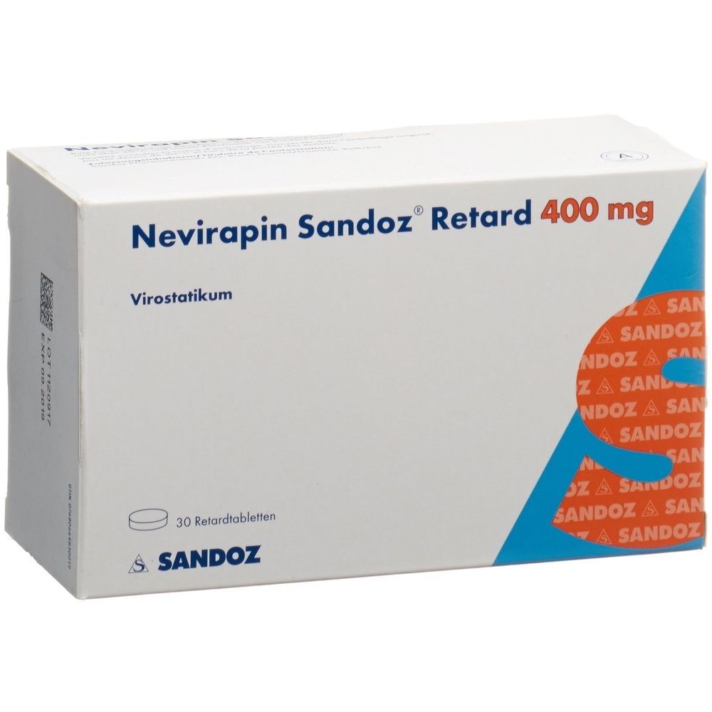Boîte avec informations produit. Inscription : Nevirapin Sandoz Ret Tabl 400 mg. Emballage avec design bleu et orange.