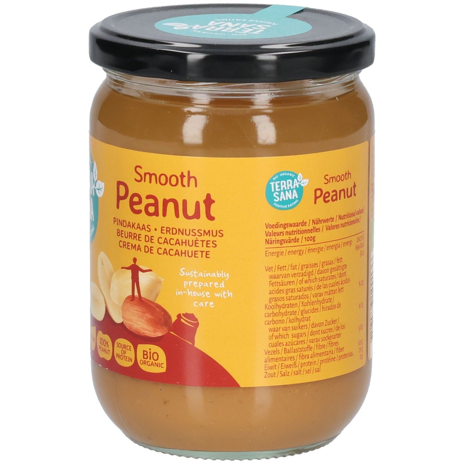 Glas mit Erdnussmus. Aufschrift: Terra Sana, Smooth Peanut. Vegan, 100% Erdnuss, Bio. Schwarzer Deckel.