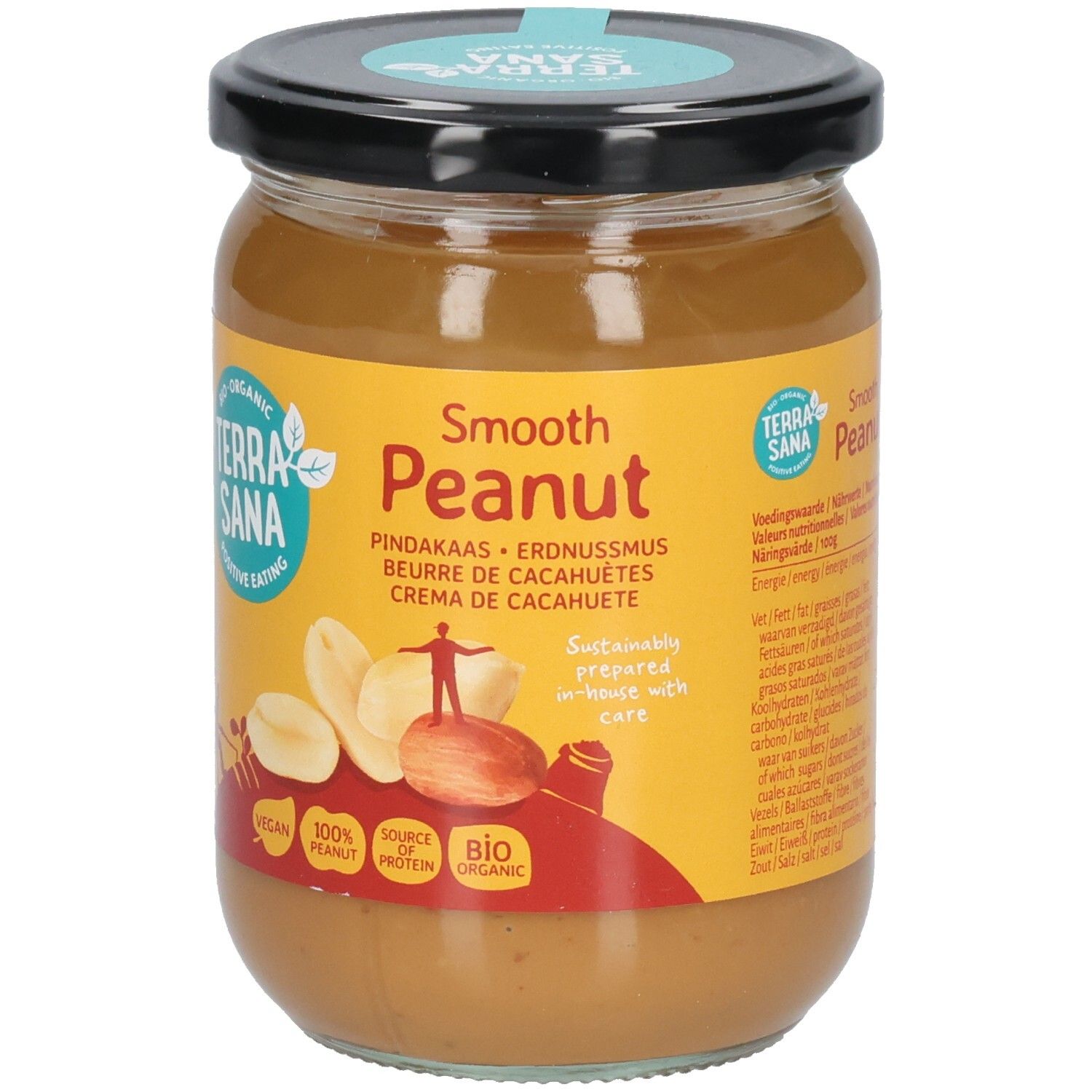 Glas mit Erdnussmus. Aufschrift: Terra Sana, Smooth Peanut. Vegan, 100% Erdnuss, Bio. Schwarzer Deckel.