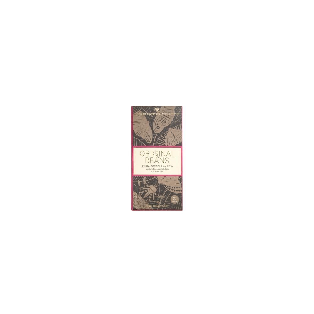 Schokoladenverpackung, vertikal. Rosa und braune Farben. Text: ORIGINAL BEANS, Piura Porcelan Schoko dunk Bio.