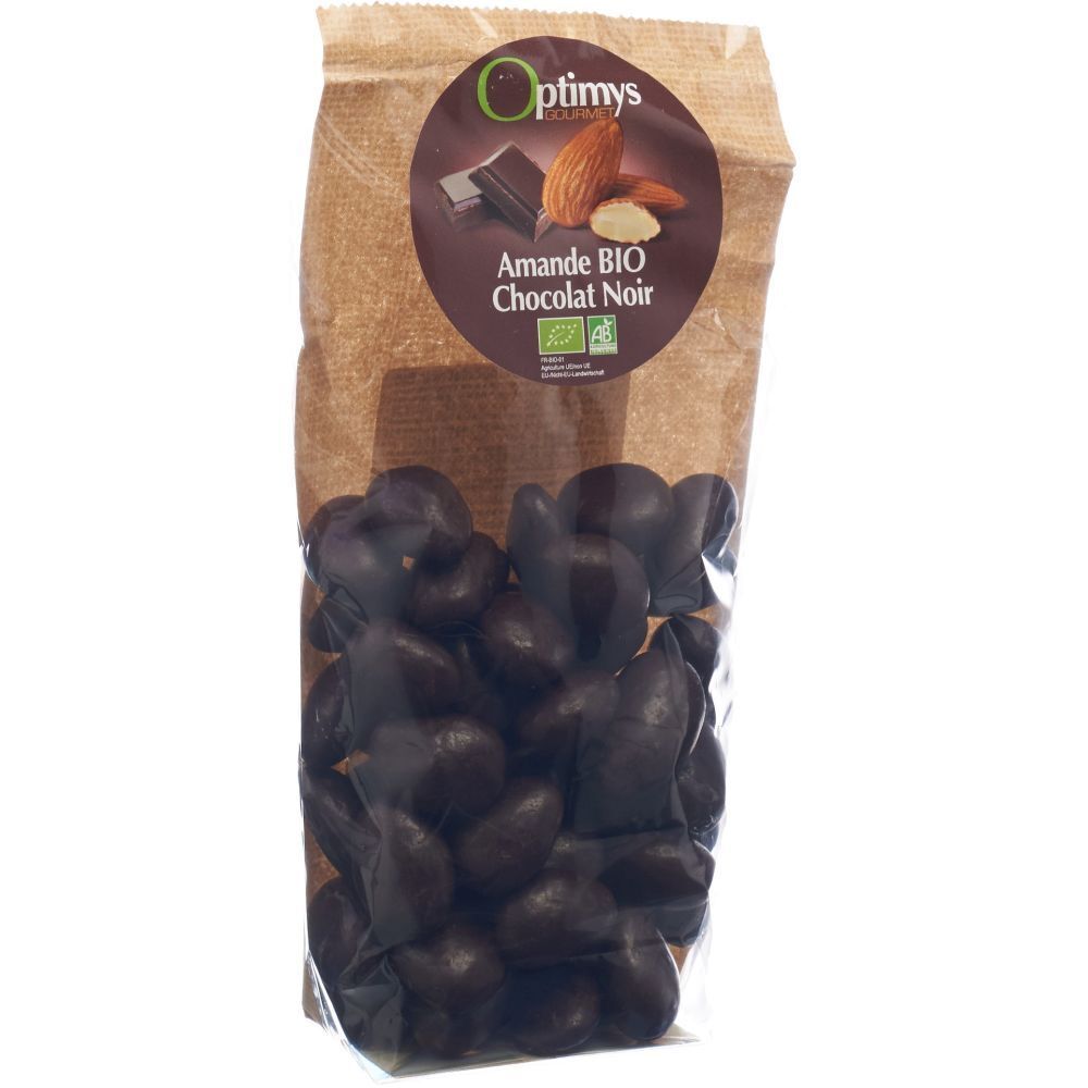 Sachet d'amandes enrobées de chocolat noir. Étiquette avec nom du produit et logo. Certification bio.