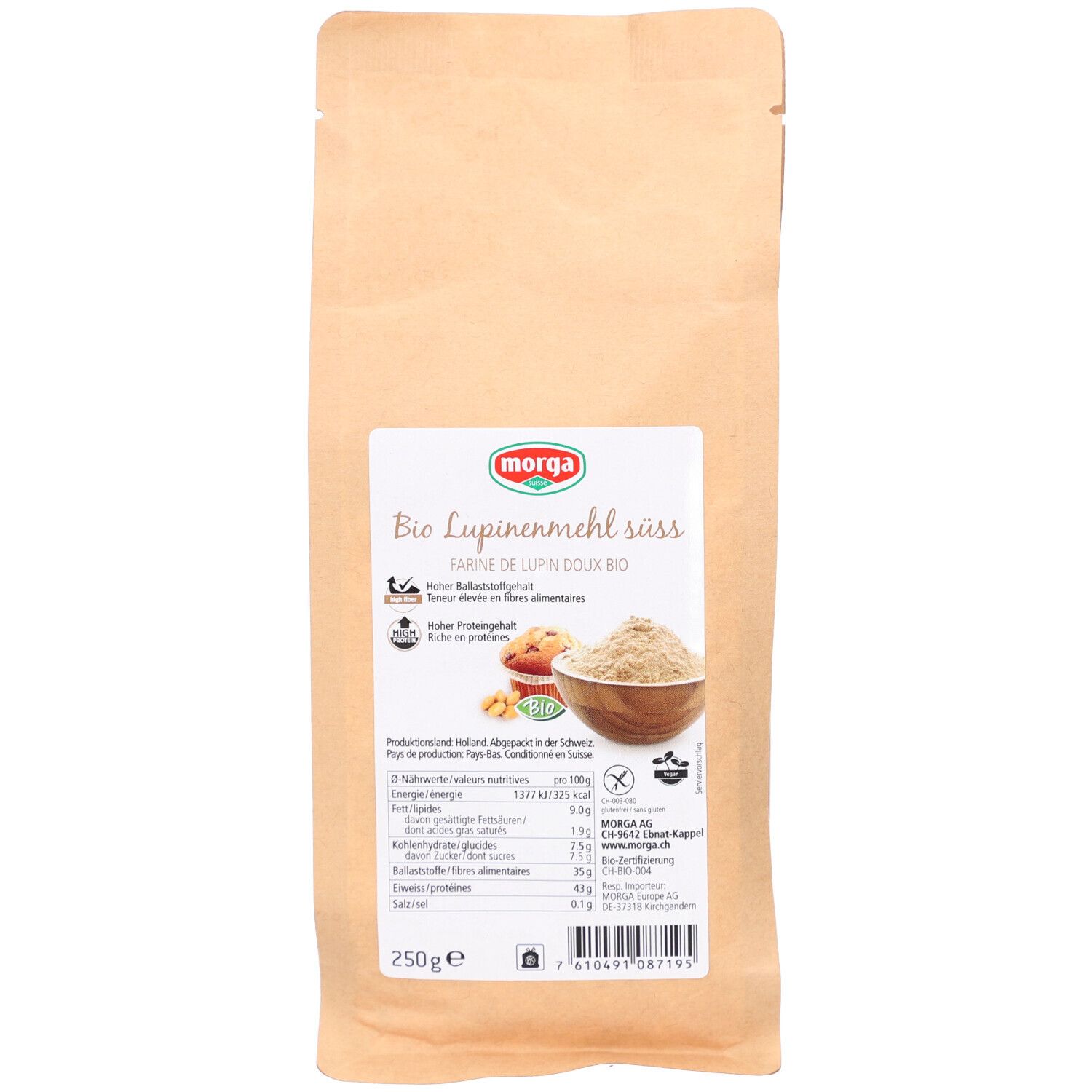 Beige Papierverpackung mit weißem Etikett. Aufschrift: Bio Lupinenmehl süss. Glutenfrei. 250g. MORGA Logo.