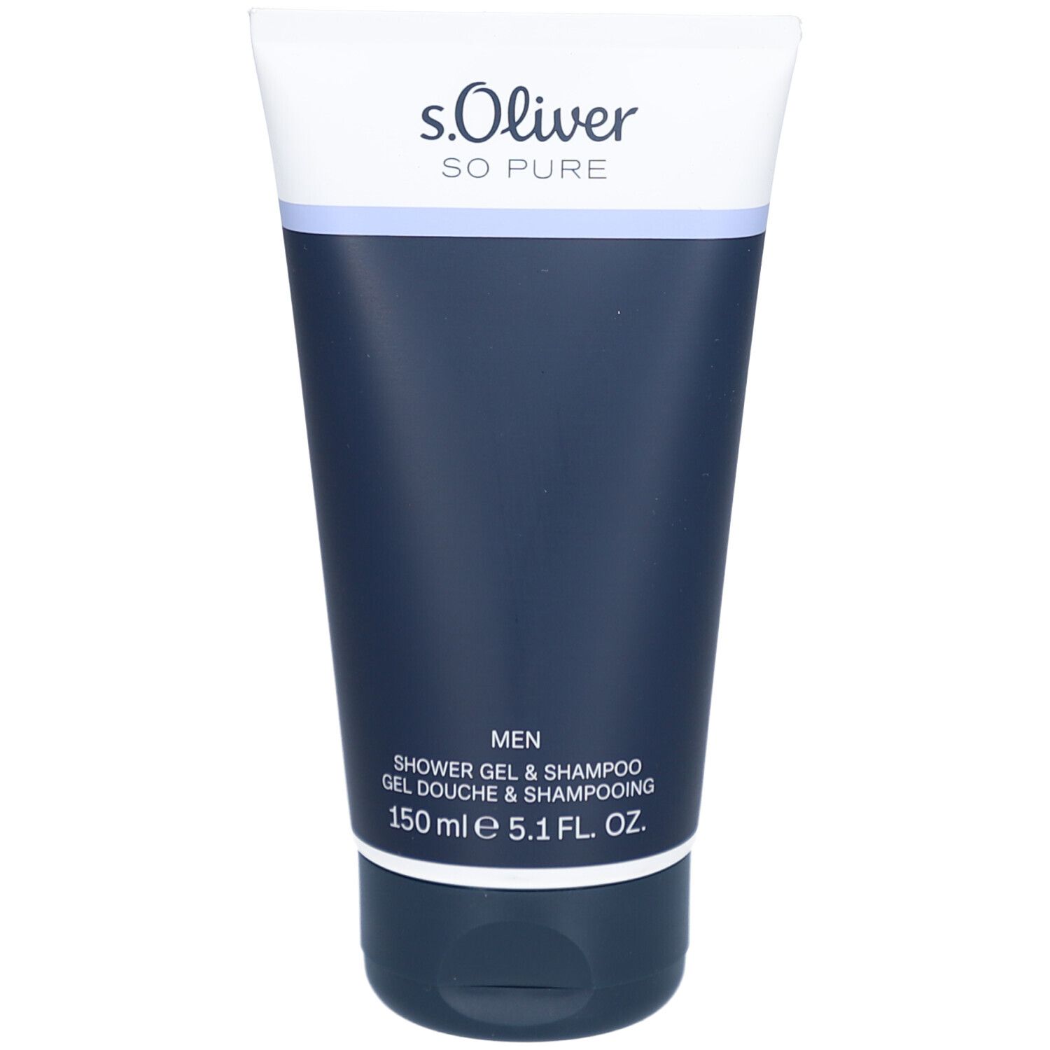 Tube bleu foncé avec bouchon blanc. Inscription "s.Oliver SO PURE". En dessous, "MEN" et "Shower Gel & Shampooing".
