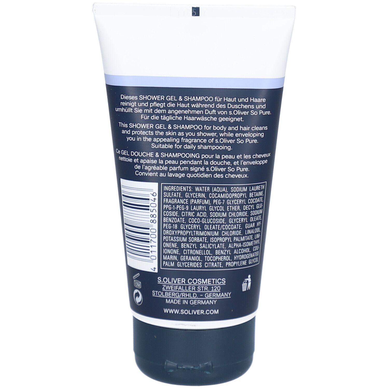 Dos du tube. Texte en allemand et anglais. Code-barres et ingrédients. Fabricant : S.Oliver Cosmetics.