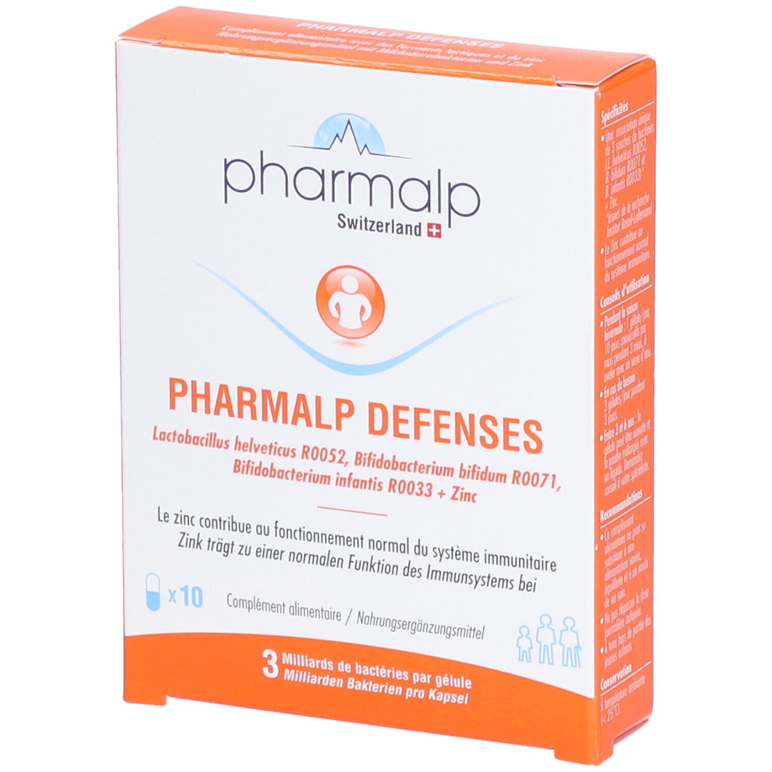 PHARMALP DEFENSES-Verpackung. Orange-weiß. Enthält 10 Kapseln. Text: Lactobac. helveticus, Bifidobact. bifidum, Bifidobact. infantis + Zink.