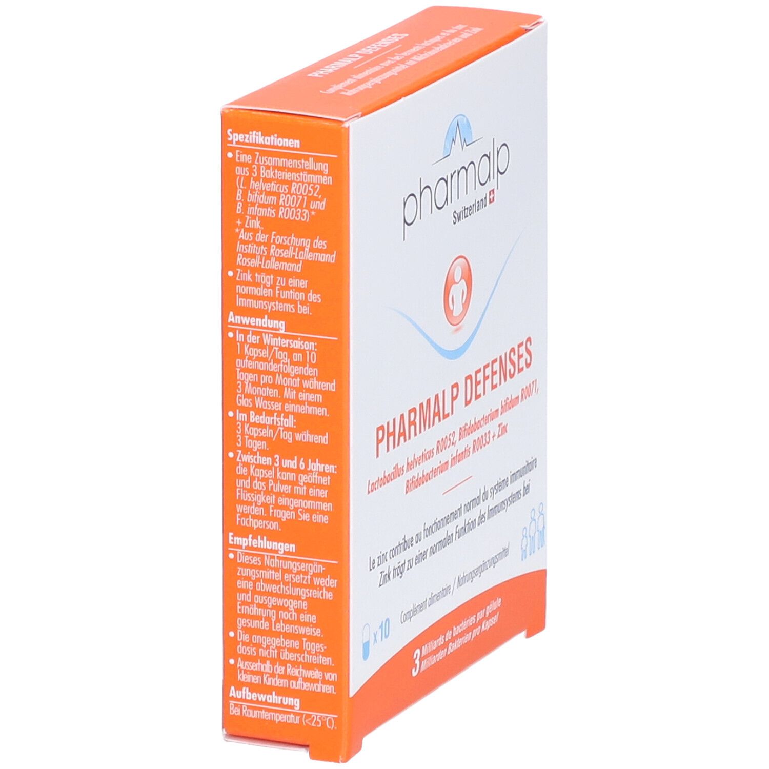 PHARMALP DEFENSES-Verpackung, orange-weiß. Seitenansicht. Text: Lactobac. helveticus, Bifidobact. bifidum, Bifidobact. infantis + Zink. Anwendungshinweise.