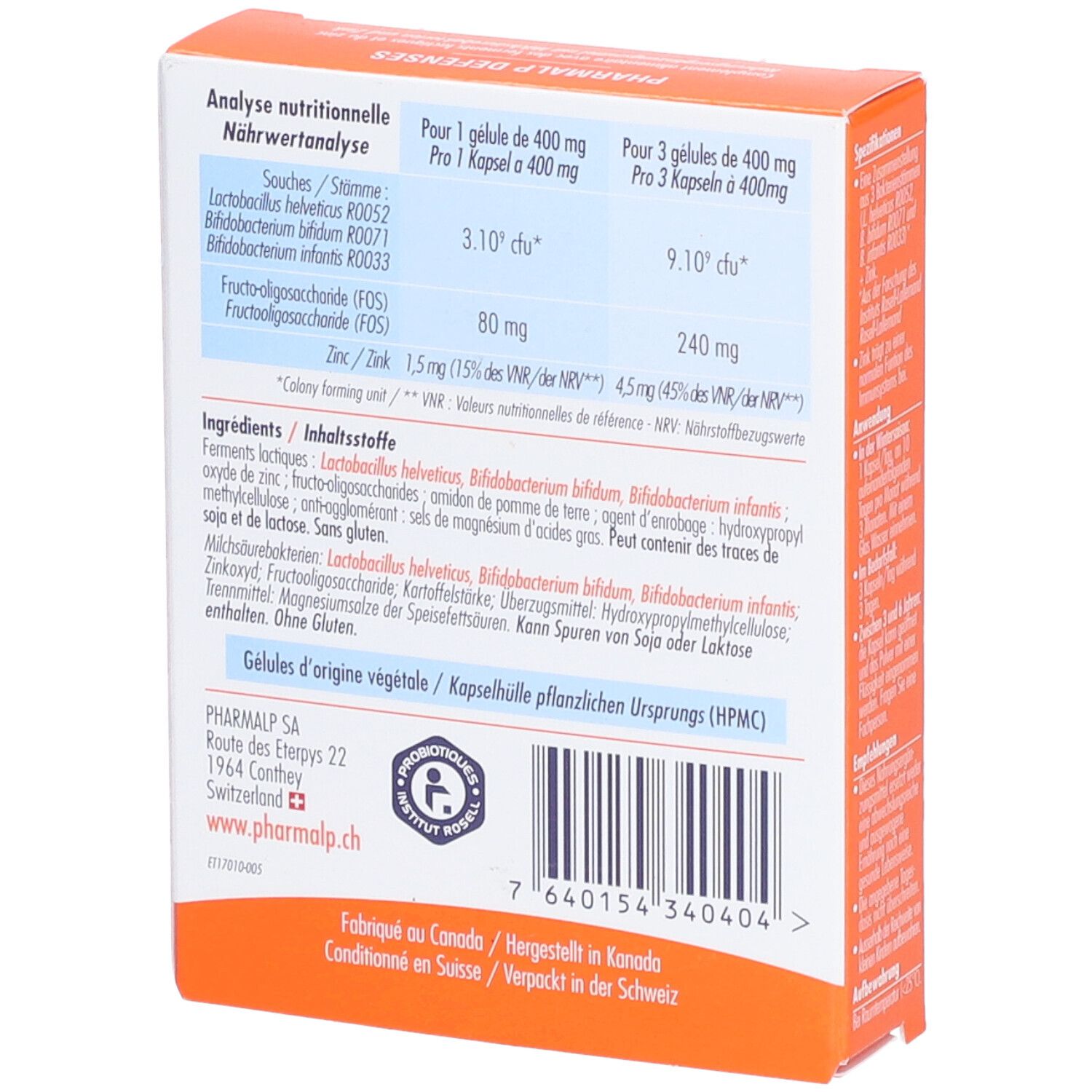PHARMALP DEFENSES-Verpackung, Rückseite. Nährwertangaben und Inhaltsstoffe. Enthält Lactobac. helveticus, Bifidobact. bifidum, Bifidobact. infantis.
