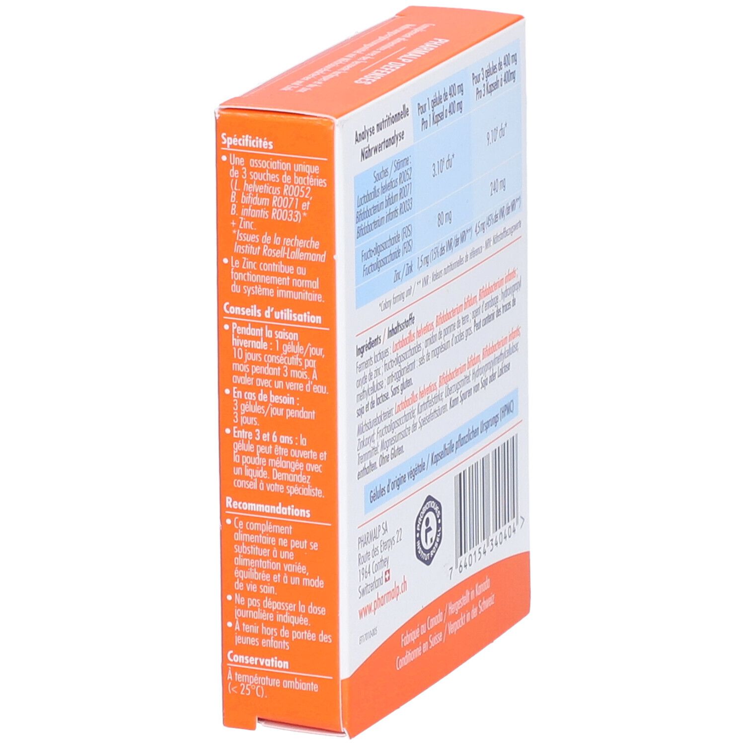 PHARMALP DEFENSES-Verpackung, Seitenansicht. Nährwertangaben und Inhaltsstoffe. Enthält Lactobac. helveticus, Bifidobact. bifidum, Bifidobact. infantis.