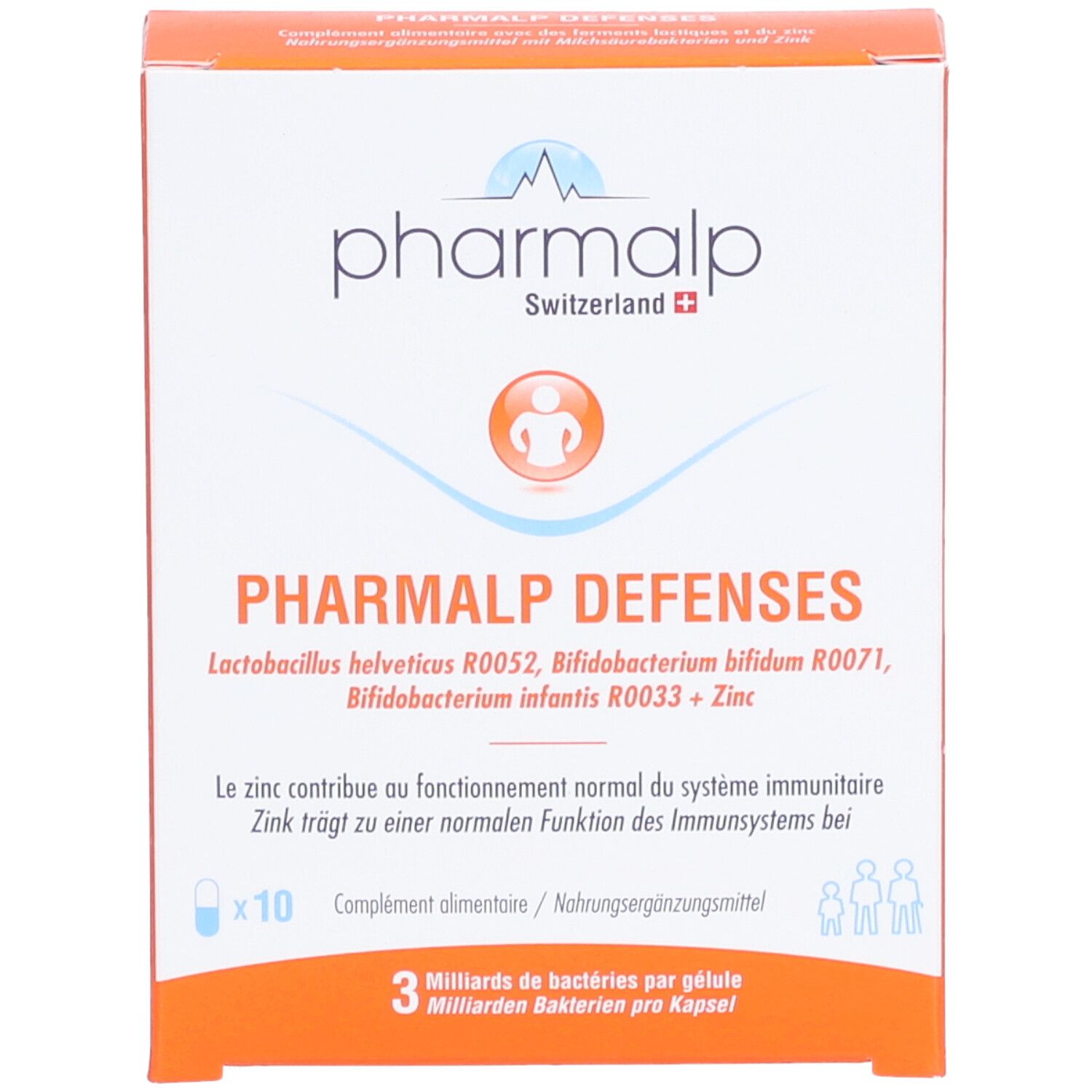 PHARMALP DEFENSES-Verpackung. Orange-weiß. Enthält 10 Kapseln. Text: Lactobac. helveticus, Bifidobact. bifidum, Bifidobact. infantis + Zink.