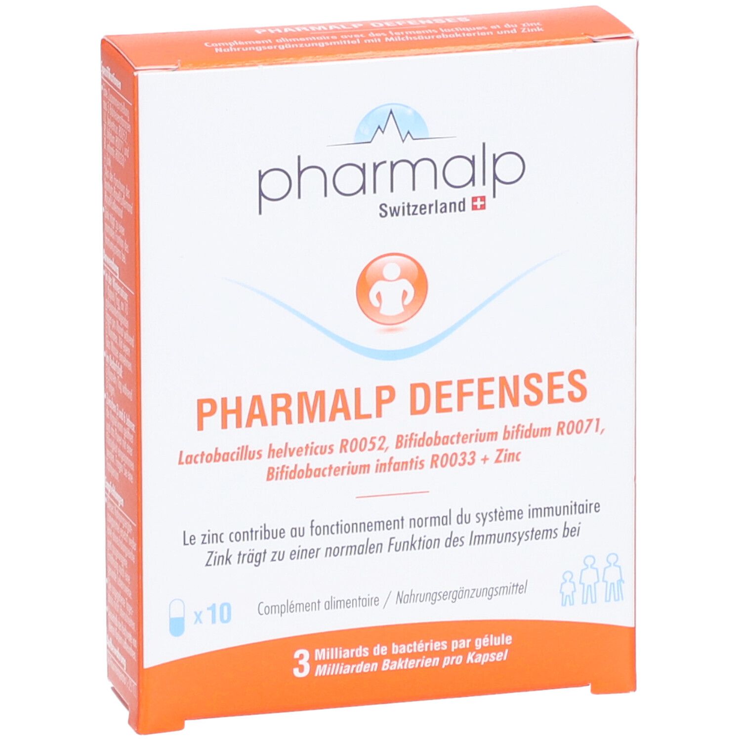 PHARMALP DEFENSES-Verpackung. Orange-weiß. Enthält 10 Kapseln. Text: Lactobac. helveticus, Bifidobact. bifidum, Bifidobact. infantis + Zink.