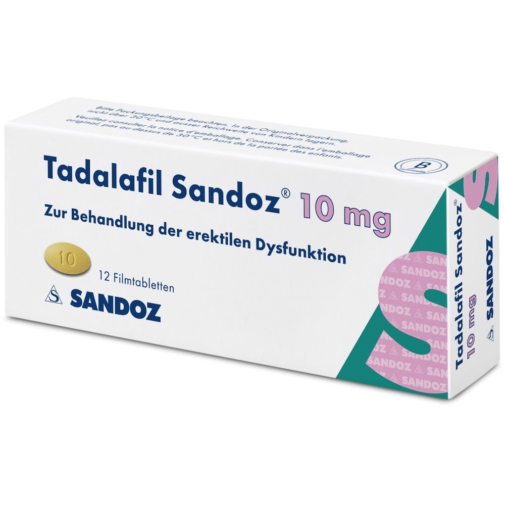 Boîte blanche "Tadalafil Sandoz 10 mg". Contient 12 comprimés pelliculés. Logo Sandoz. Texte sur la dysfonction érectile.