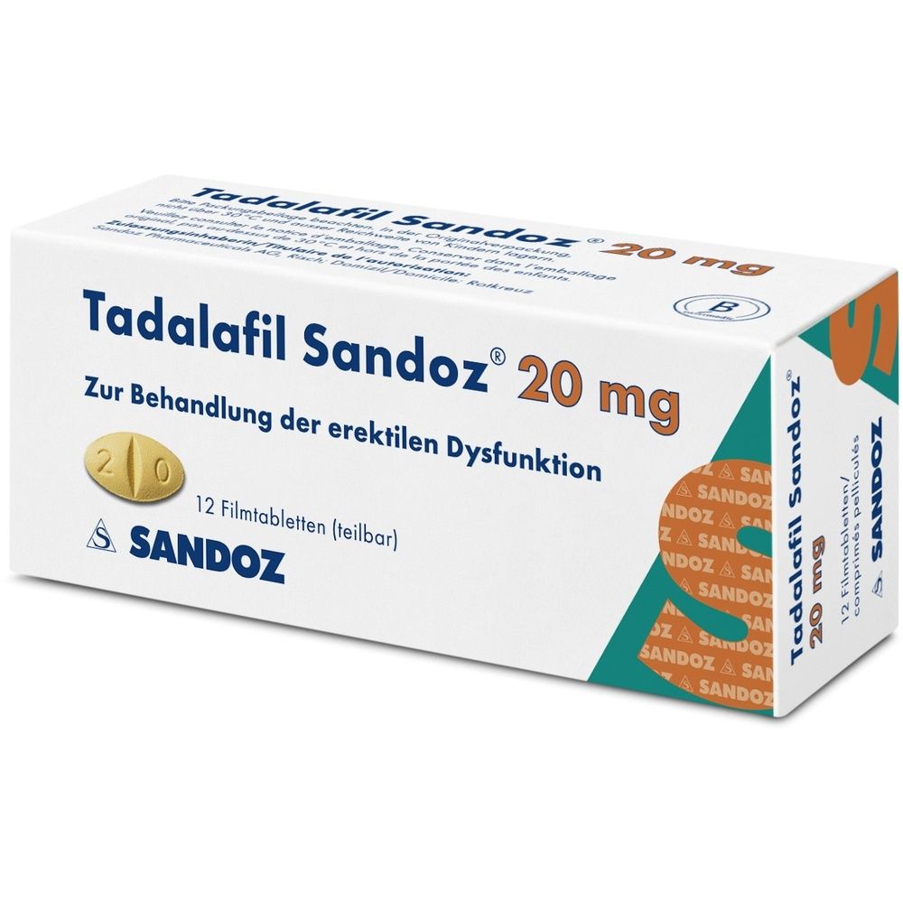 Weiße Schachtel mit Aufschrift Tadalafil Sandoz 20 mg. Enthält 12 Filmtabletten. Marke Sandoz. Text zur Behandlung erektiler Dysfunktion.