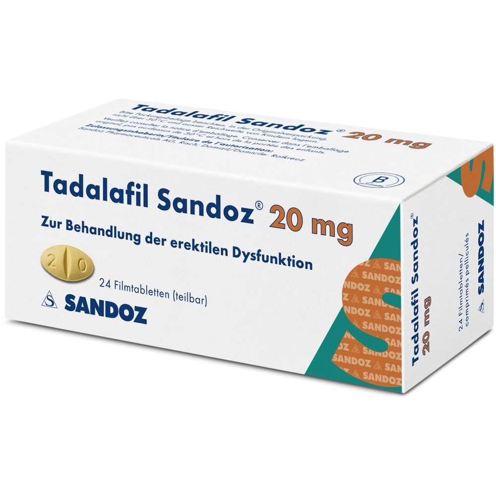 Boîte blanche avec inscription Tadalafil Sandoz 20 mg. Contient 24 comprimés pelliculés. Marque Sandoz. Texte sur la dysfonction érectile.