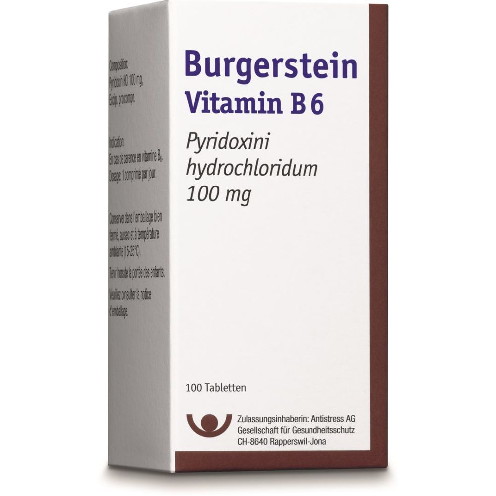 Weiße Schachtel mit Aufschrift Burgerstein Vitamin B6, Pyridoxini hydrochloridum 100 mg. Enthält 100 Tabletten.