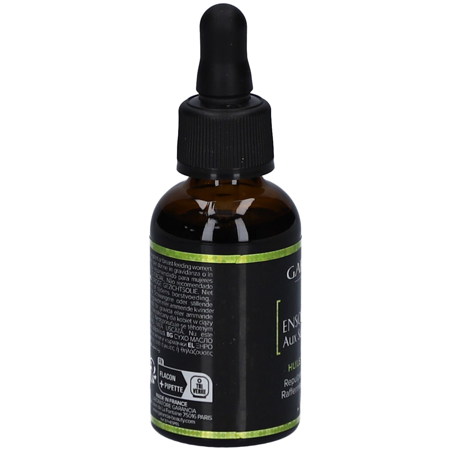 Rückseite der braunen Glasflasche mit Text. Enthält Informationen über das Produkt und die Inhaltsstoffe.