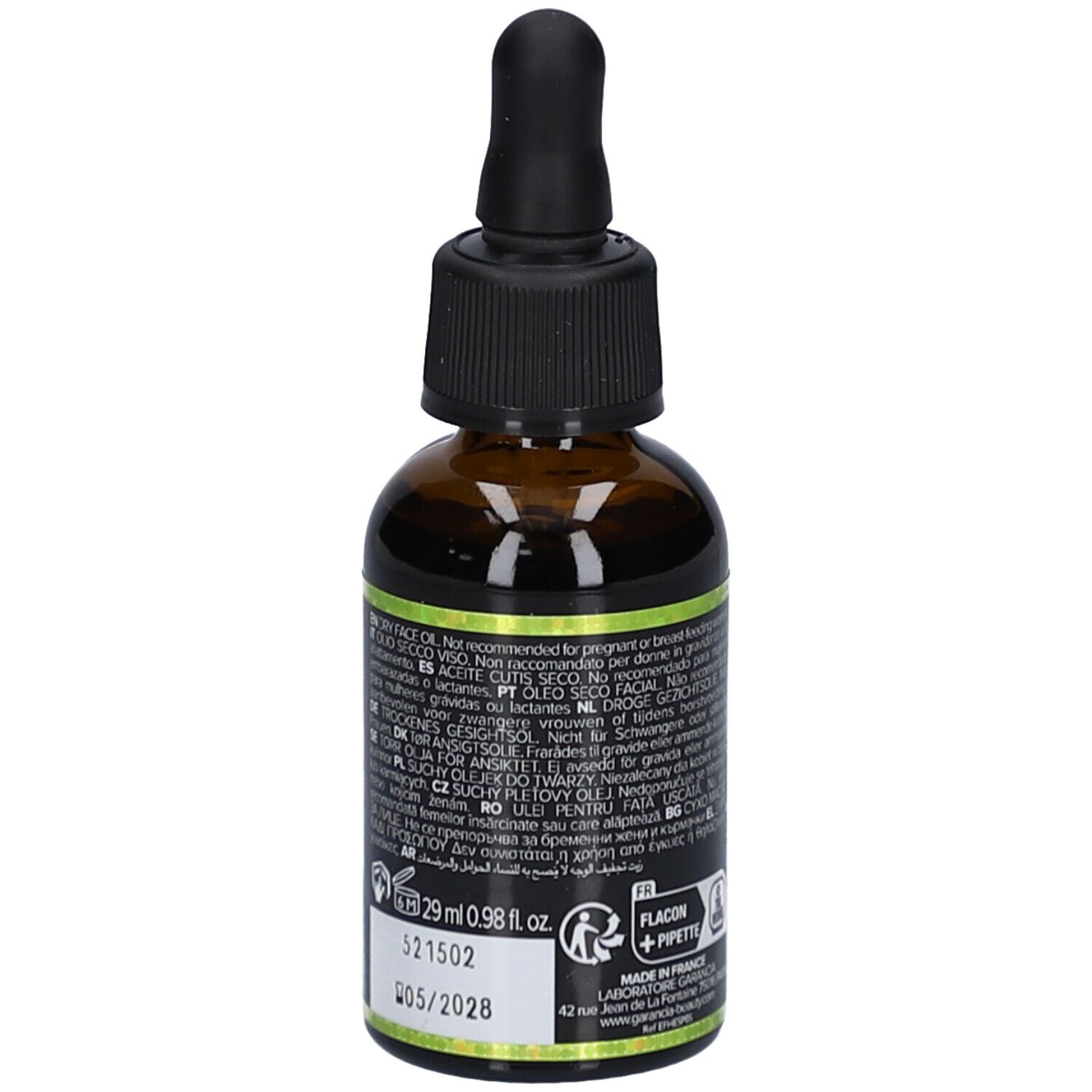 Rückseite der braunen Glasflasche mit Text. Enthält Informationen wie Volumen, Chargennummer und Verfallsdatum.