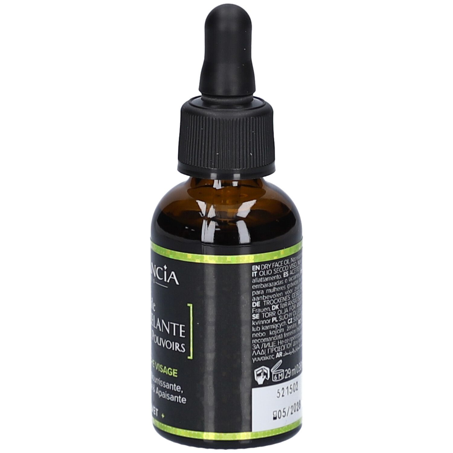 Rückseite der braunen Glasflasche mit Text. Enthält Informationen über das Produkt und die Inhaltsstoffe.