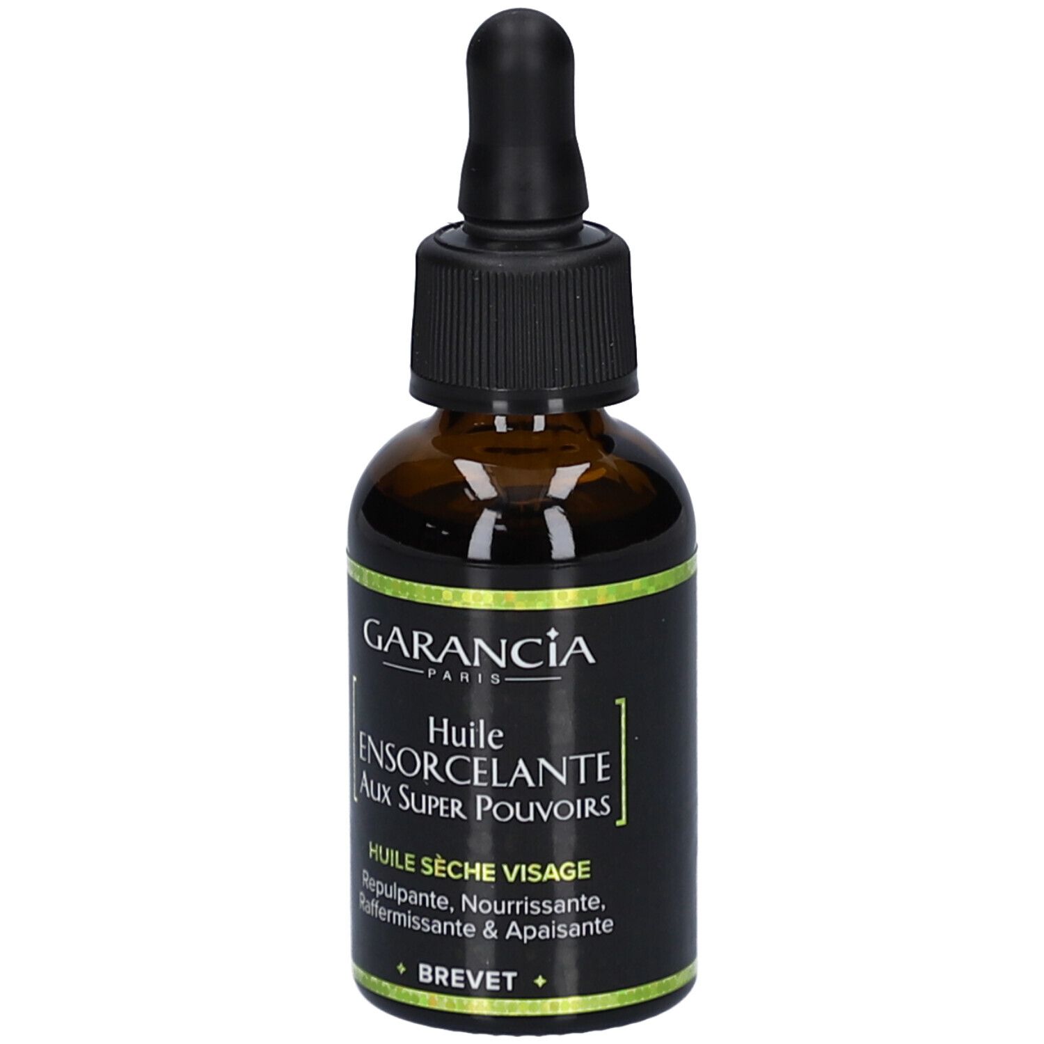 Braune Glasflasche mit schwarzem Deckel und Pipette. Aufschrift: GARANCIA, Huile Ensorcelante aux Super Pouvoirs.