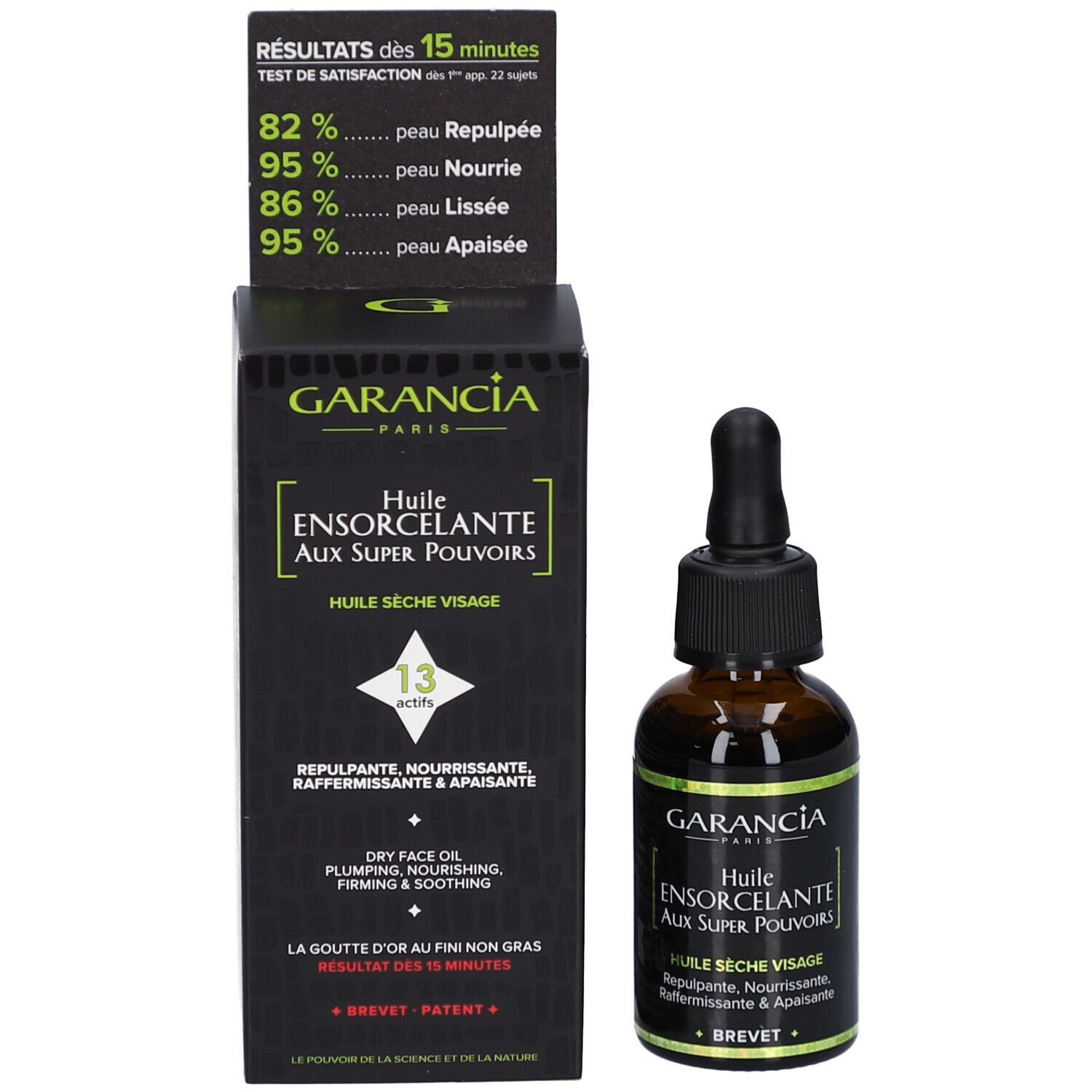 Produktverpackung und Flasche. Verpackung mit Text und Diagrammen. Flasche mit Pipette.