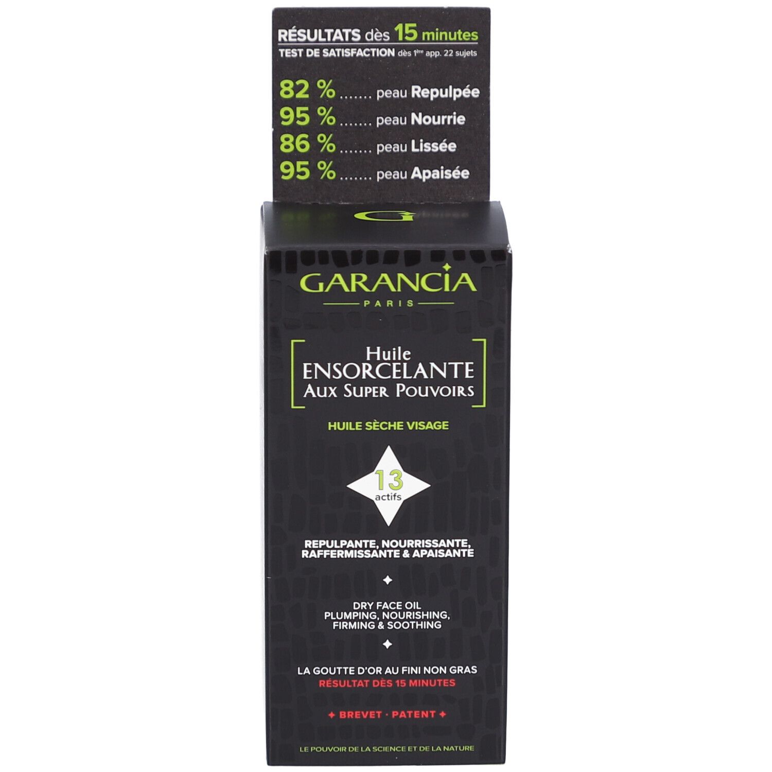 Produktverpackung und Flasche. Verpackung mit Text und Diagrammen. Flasche mit Pipette.