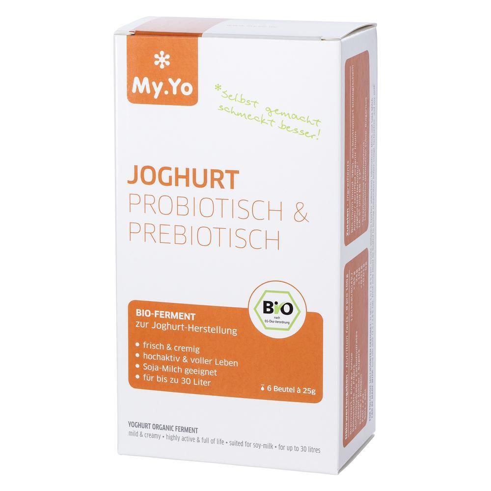 Boîte blanche et orange avec logo "My.Yo". Inscription : Yaourt probiotique & prébiotique. Label bio. 6 sachets de 25g.