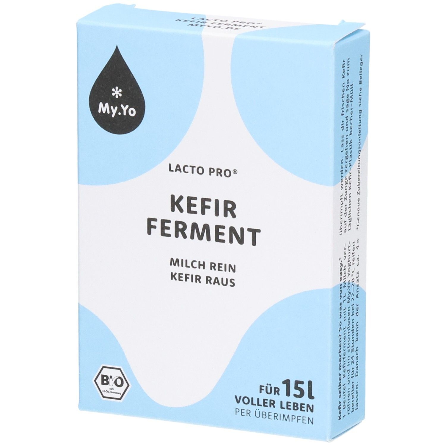 Boîte bleu clair avec "Kefir Ferment". Logo goutte et étoile. Label bio. Texte: Pour 15L de vie. 