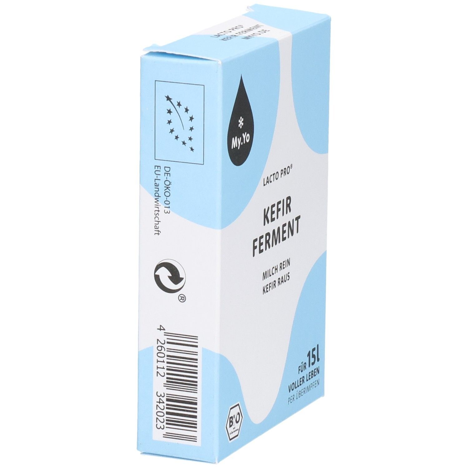 Boîte bleu clair, vue latérale. Logo goutte et étoile. Label bio. Texte: Kefir Ferment. Logo bio UE.