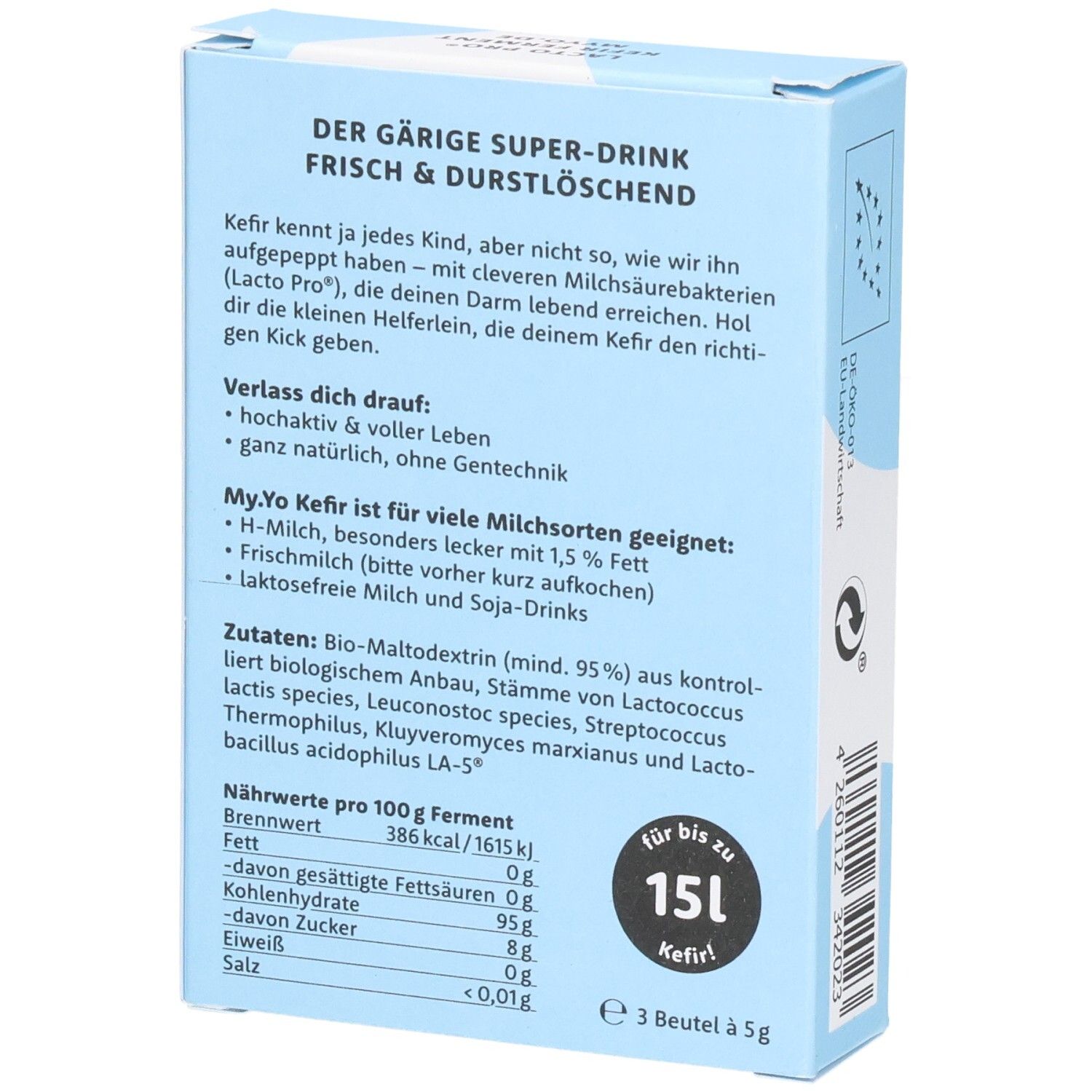 Dos de la boîte bleu clair. Ingrédients, valeurs nutritionnelles, préparation. Label bio. Texte: Pour jusqu'à 15L de kéfir.