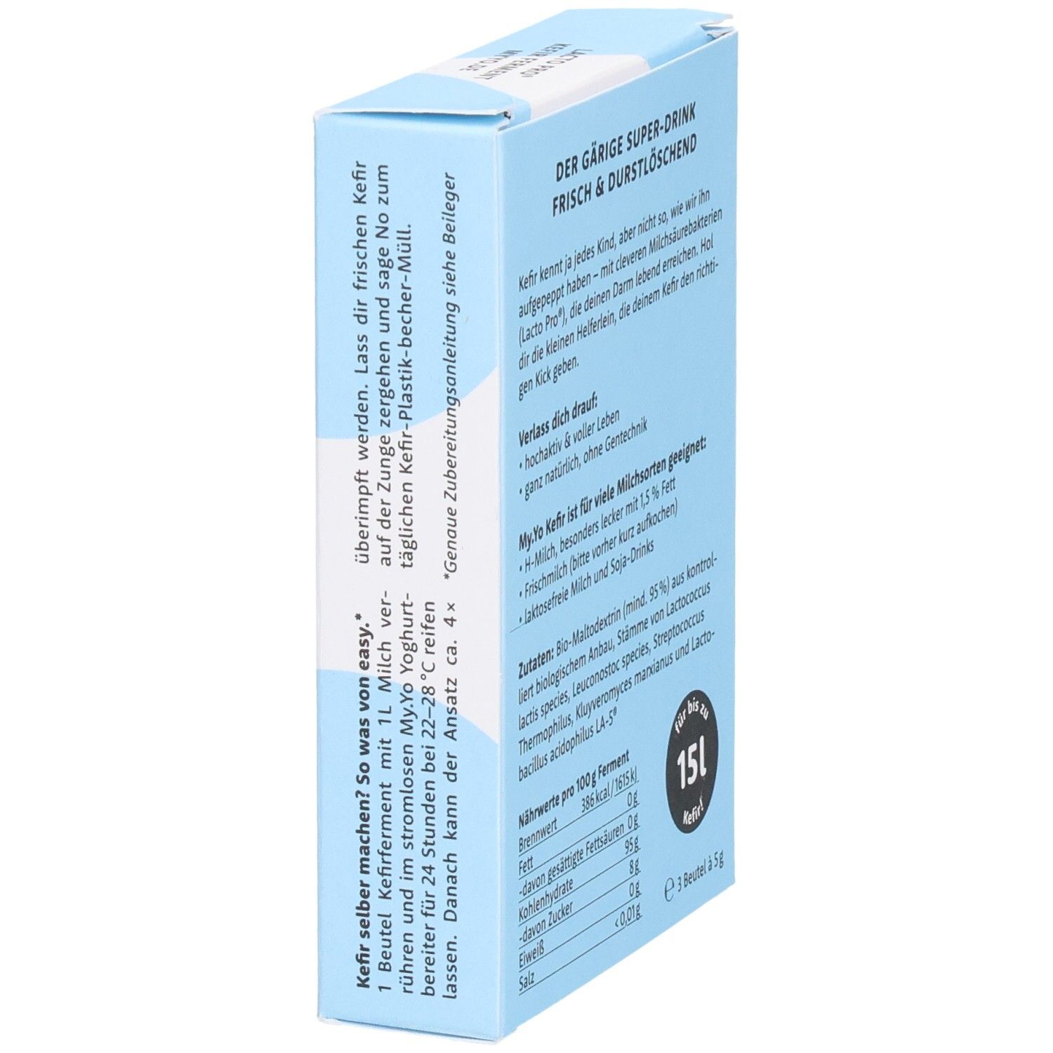 Boîte bleu clair, vue latérale. Texte: Préparation, ingrédients. Label bio. Texte: Pour jusqu'à 15L de kéfir.