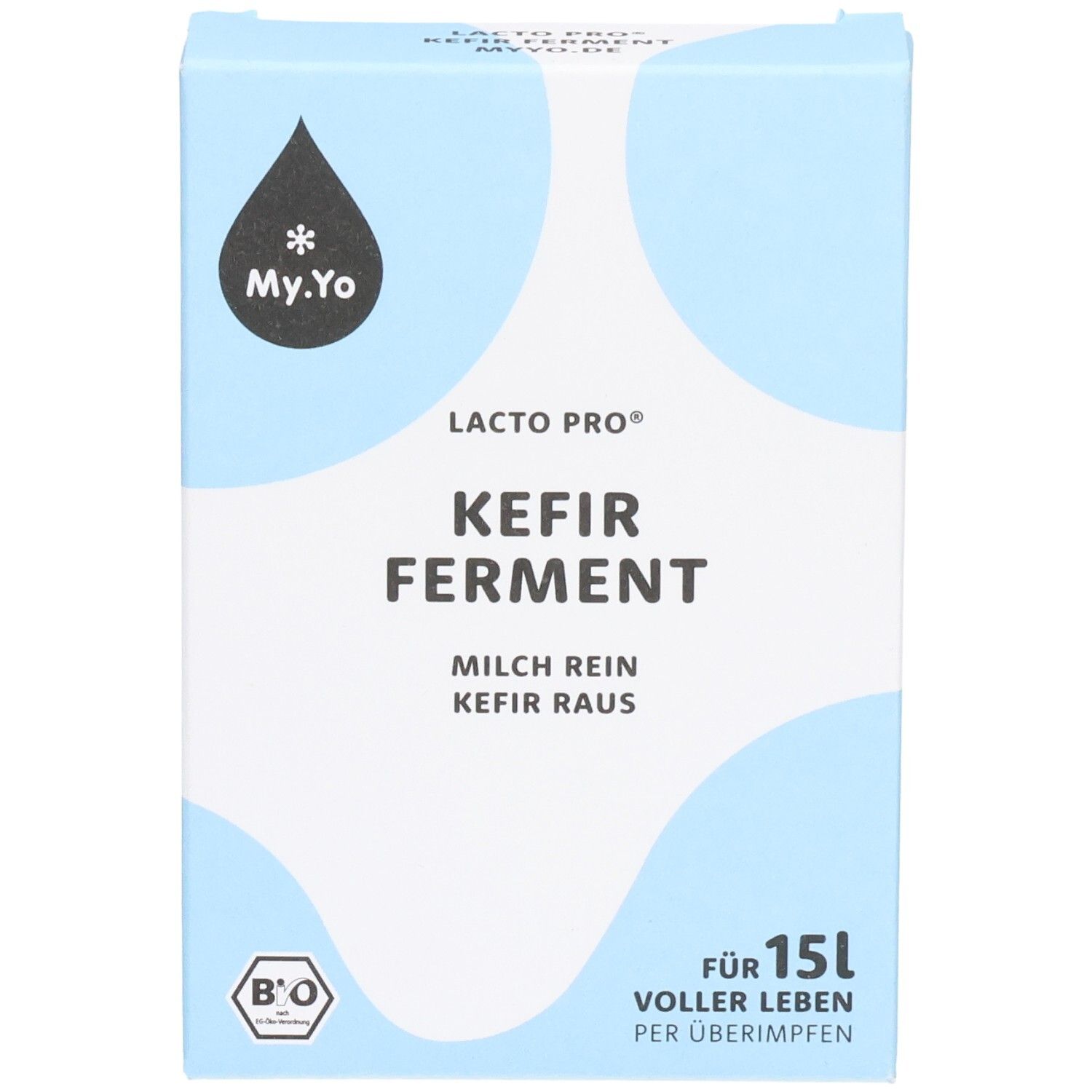 Boîte bleu clair avec "Kefir Ferment". Logo goutte et étoile. Label bio. Texte: Pour 15L de vie. 