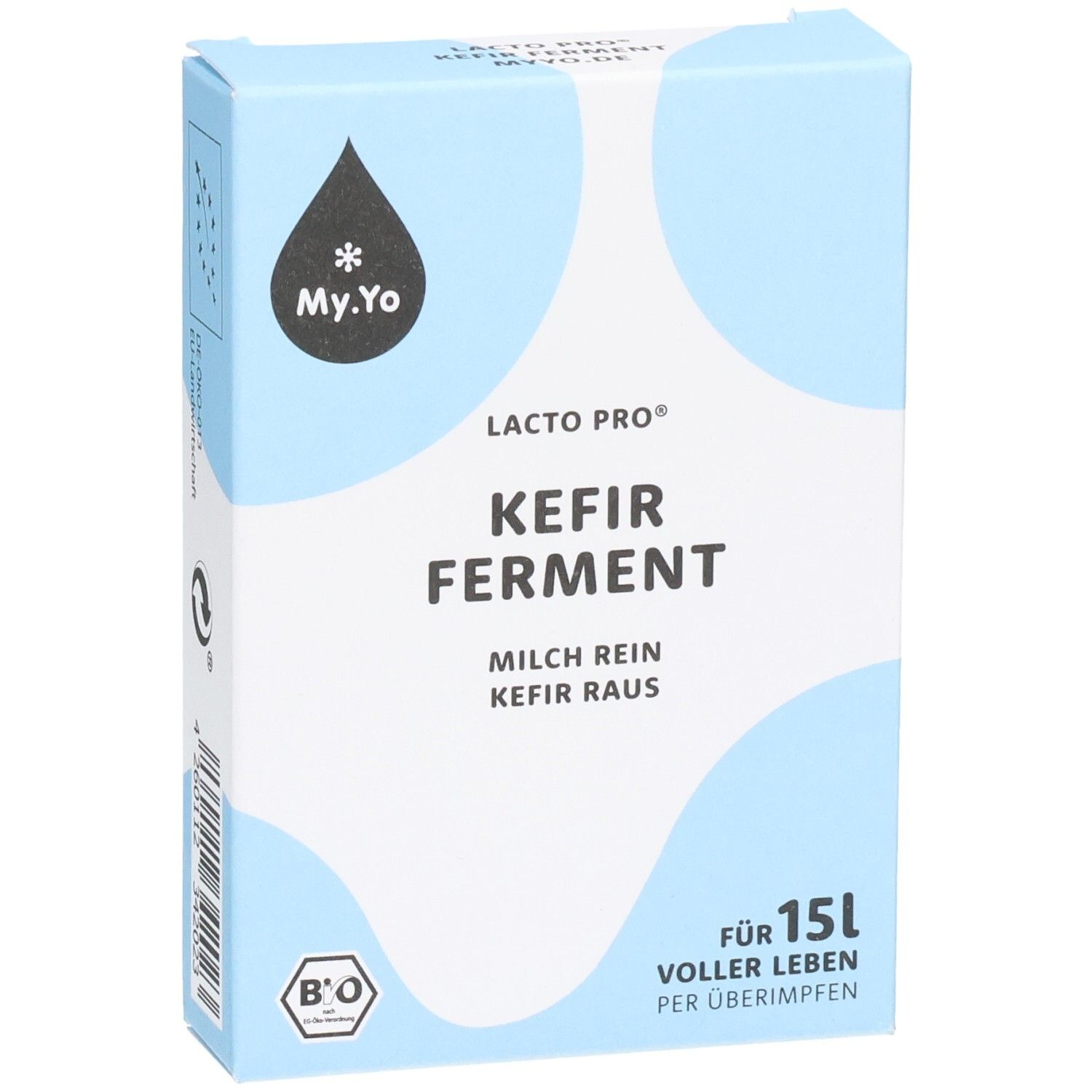 Boîte bleu clair avec "Kefir Ferment". Logo goutte et étoile. Label bio. Texte: Pour 15L de vie. 