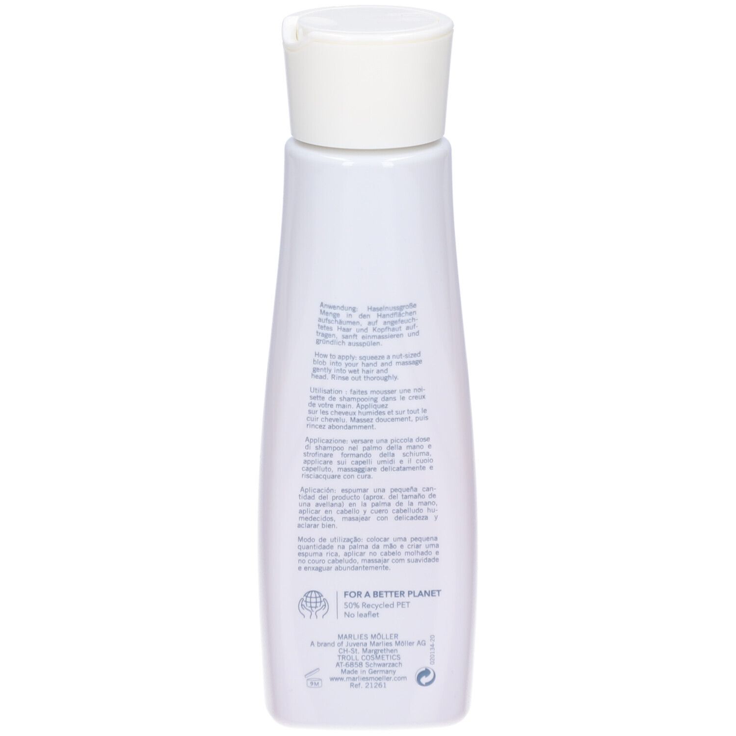 Rückseite der Shampoo-Flasche. Text und Logos sichtbar. Für einen besseren Planeten.