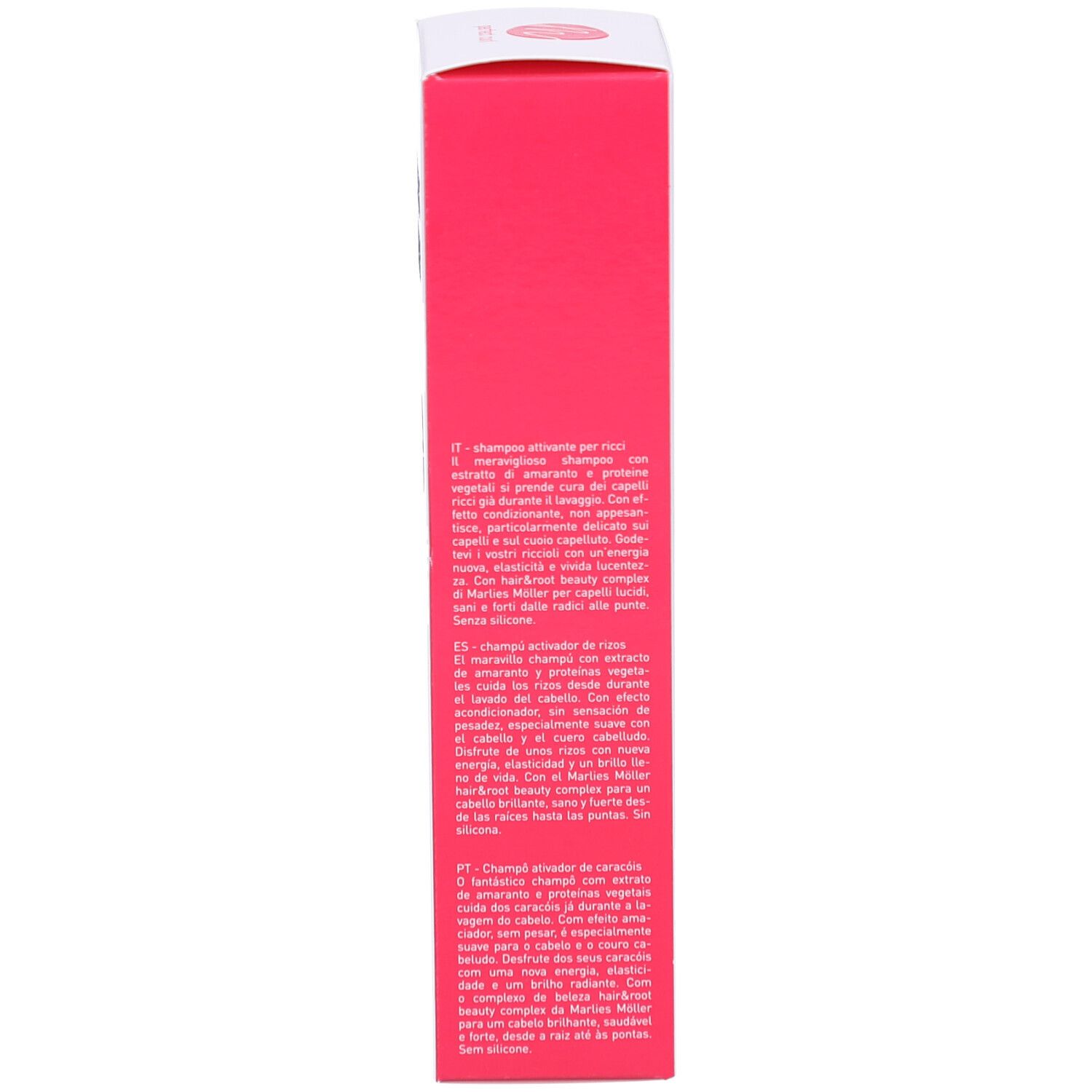 Seite der Shampoo-Verpackung. Text und Logos sichtbar. Produktbeschreibung.