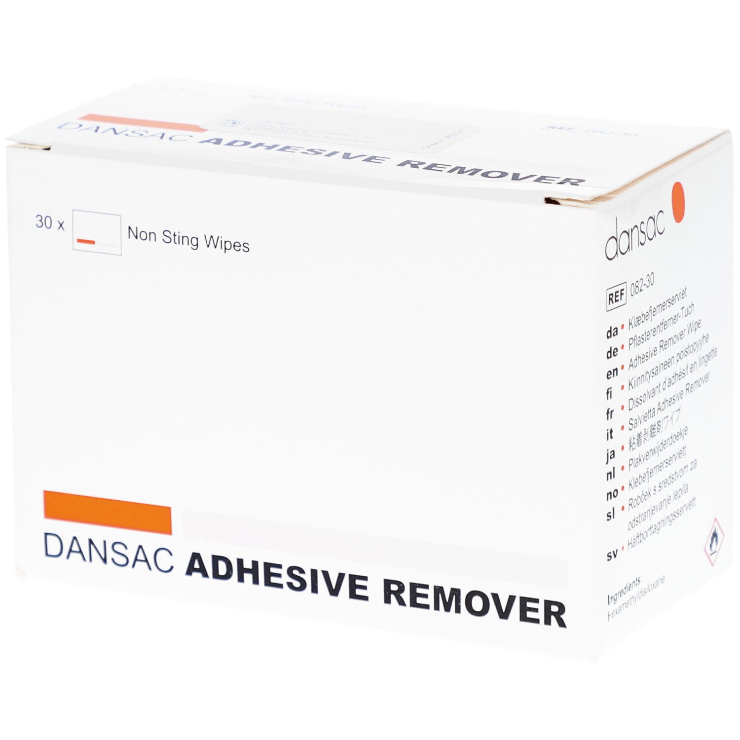 Weißer Karton mit Aufschrift DANSAC ADHESIVE REMOVER. Enthält 30 Tücher. Orangefarbener Streifen und Logo.