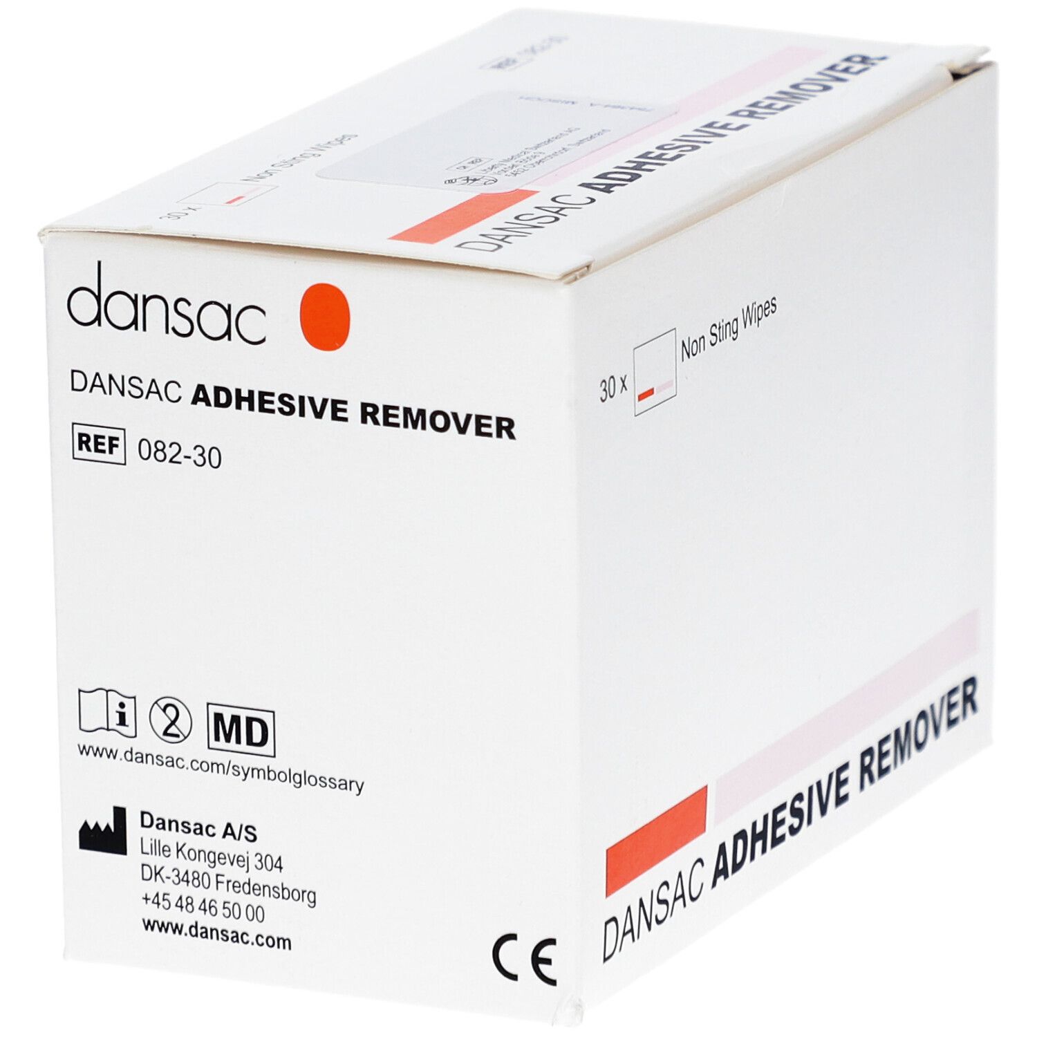 Karton DANSAC ADHESIVE REMOVER. Enthält 30 Tücher. Logo, orangefarbener Kreis. Text: Non Sting Wipes. REF 082-30.