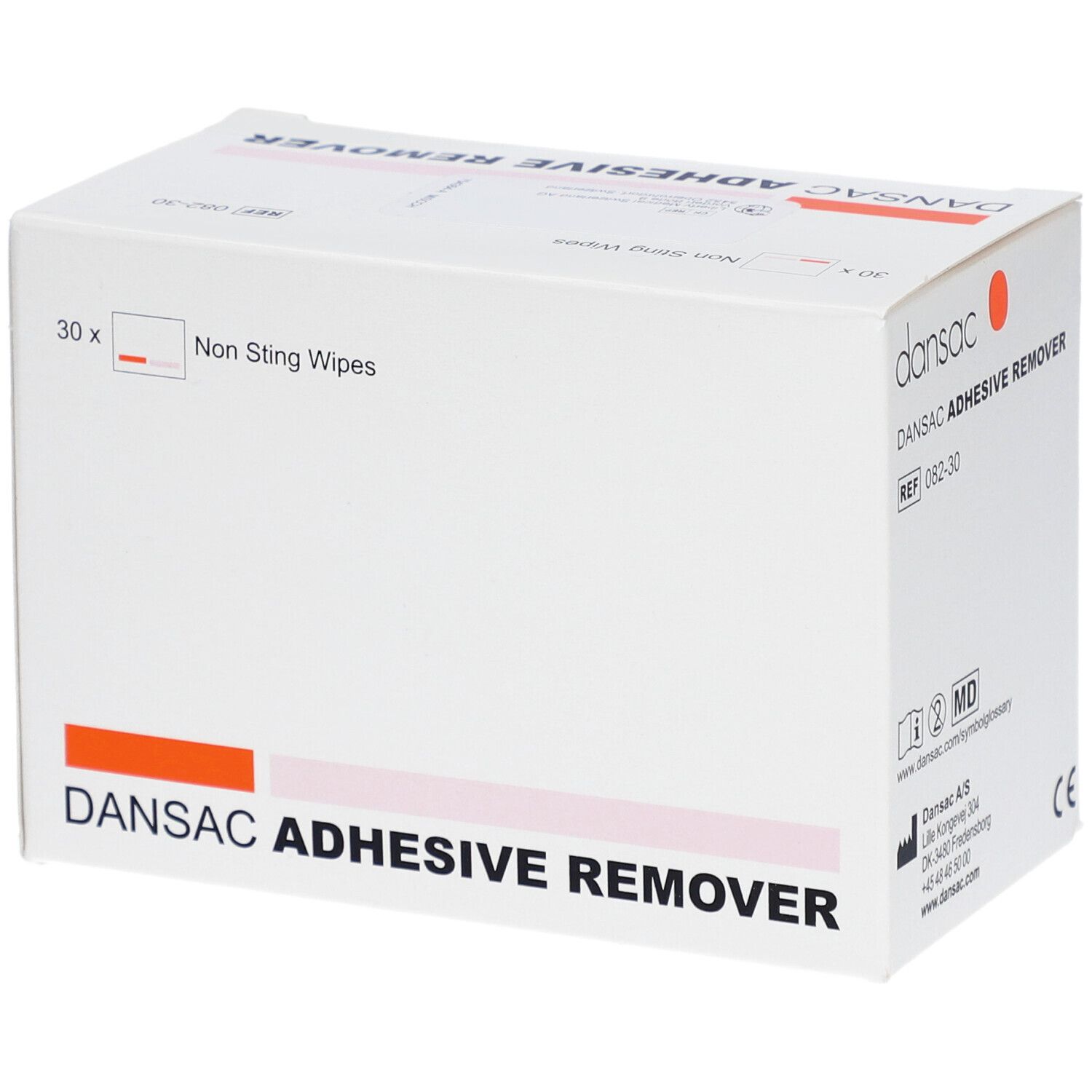 Karton DANSAC ADHESIVE REMOVER. Enthält 30 Tücher. Text: Non Sting Wipes. REF 082-30. CE-Zeichen.