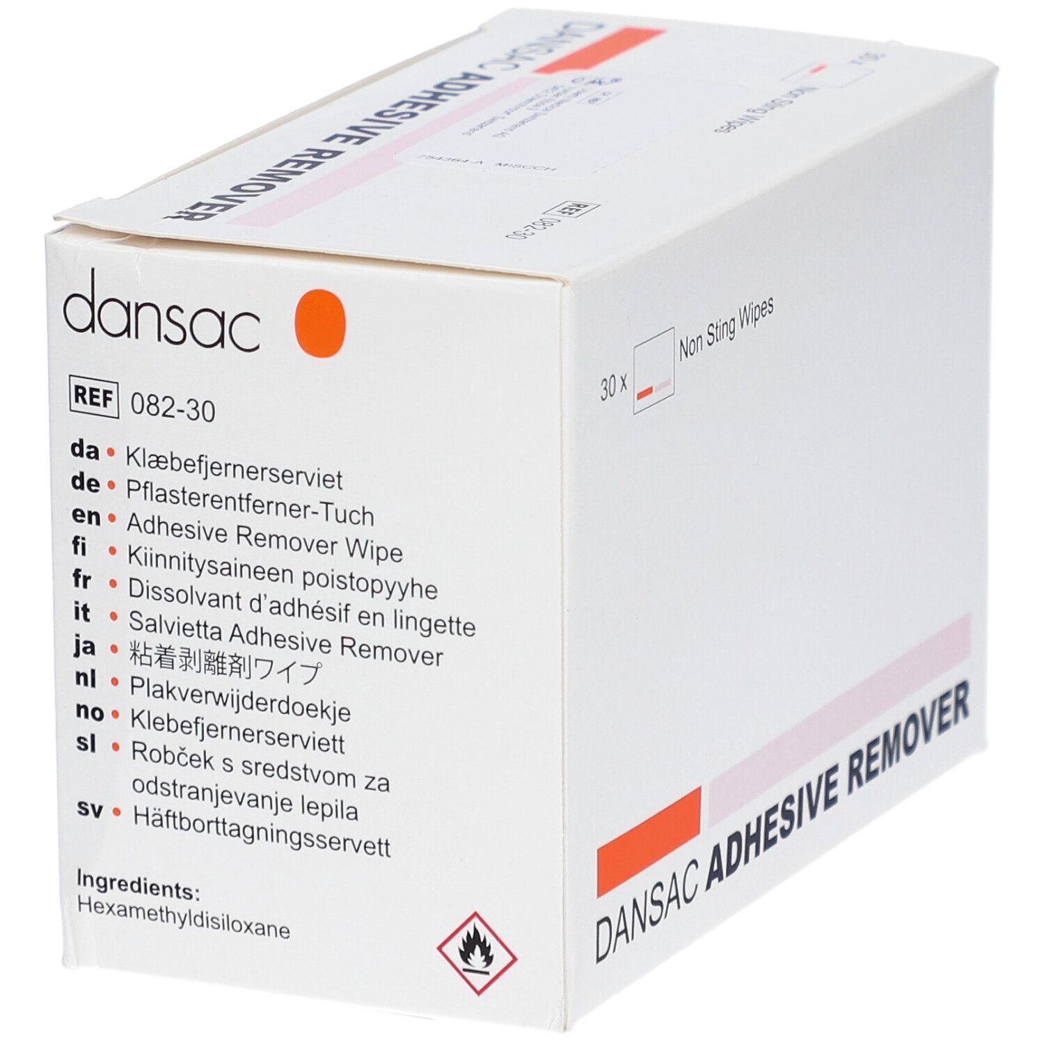 Karton DANSAC ADHESIVE REMOVER. Enthält 30 Tücher. Text: Non Sting Wipes. REF 082-30. Gefahrensymbol.