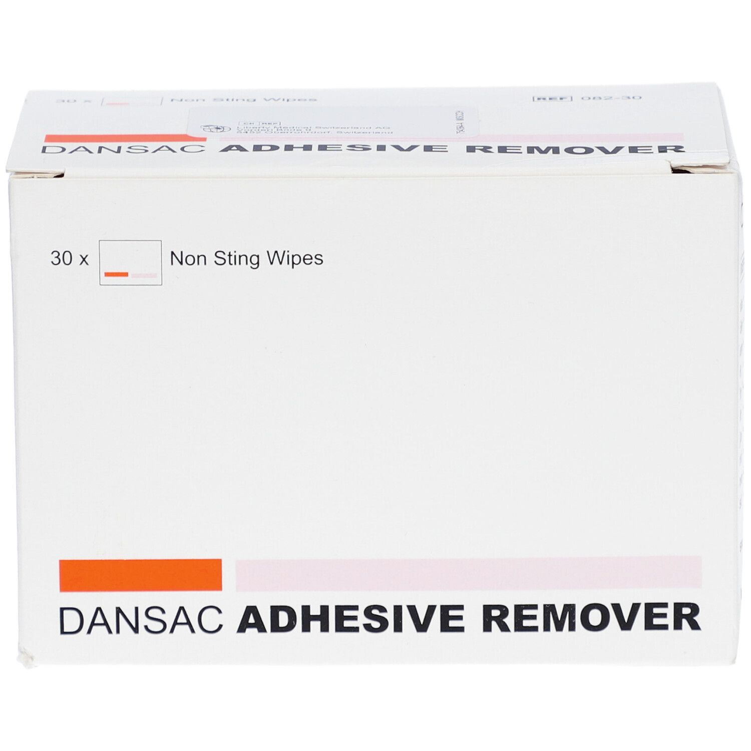 Weißer Karton mit DANSAC ADHESIVE REMOVER. Enthält 30 Tücher. Text: Non Sting Wipes. Orangefarbener Streifen.