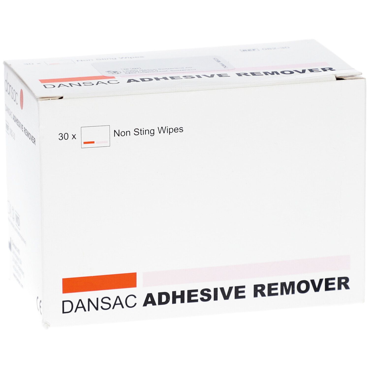 Weißer Karton mit DANSAC ADHESIVE REMOVER. Enthält 30 Tücher. Text: Non Sting Wipes. Orangefarbener Streifen.