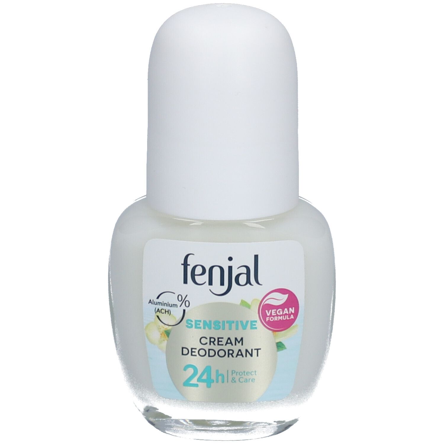 Flacon de crème déodorante avec bouchon blanc. Étiquette avec "fenjal", "SENSITIVE", "CREAM DEODORANT" et "Vegan Formula".