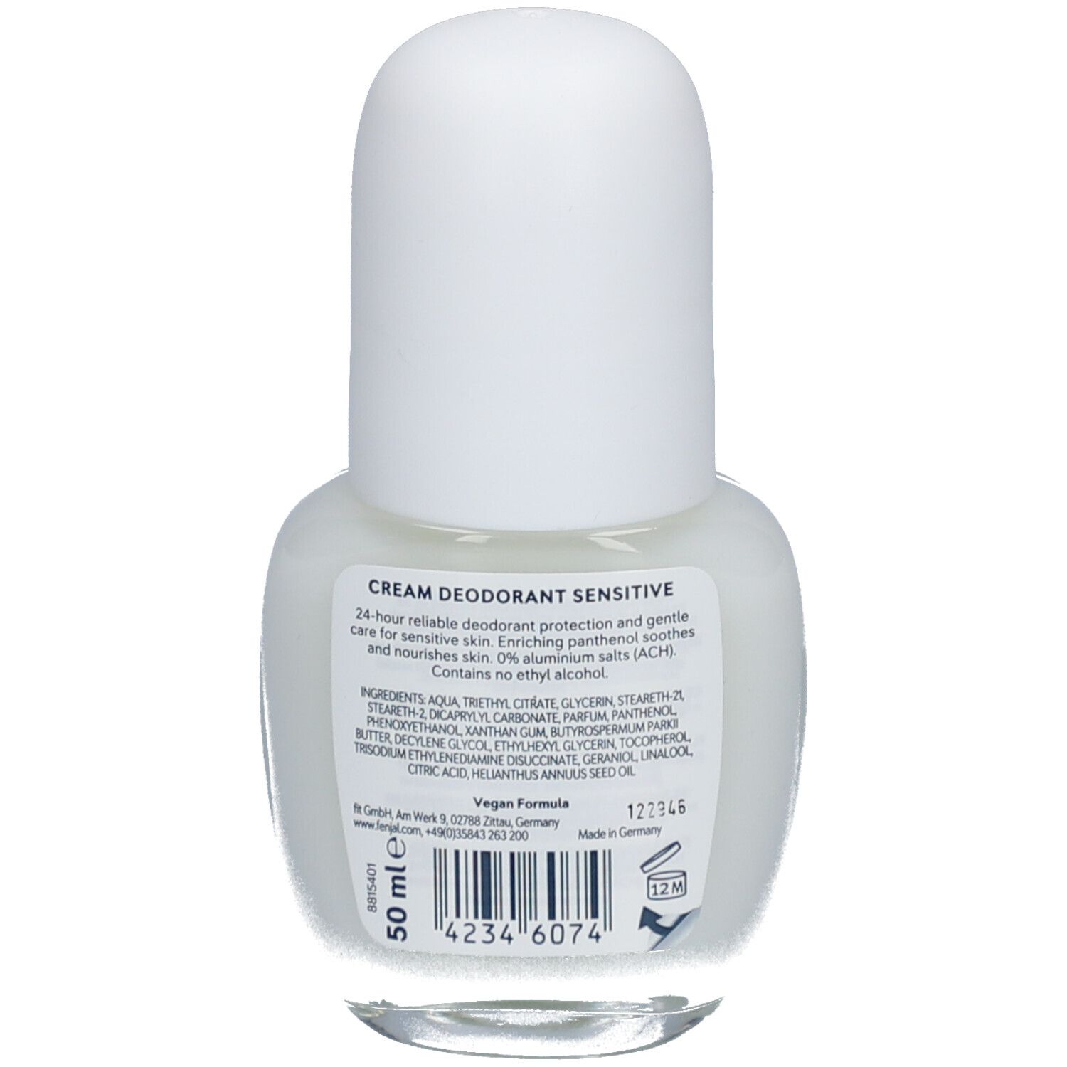 Dos du flacon de crème déodorante. Texte avec ingrédients et "Vegan Formula". En bas : "50 ml" et code-barres.